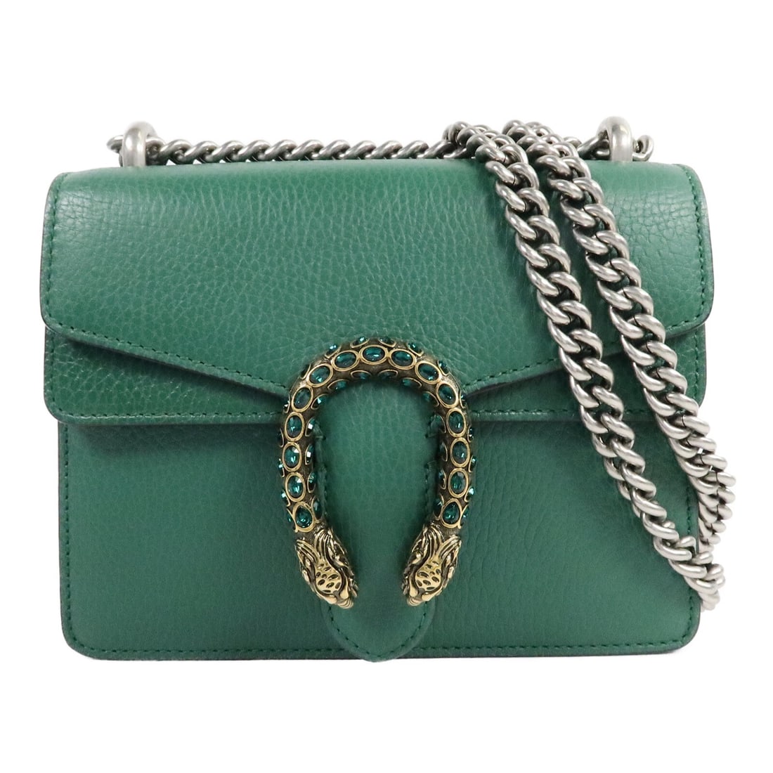 Gucci 421970 Dionysus GG Shoulder Bag in Green Calfskin: Gucci 421970 Dionysus GG Shoulder Bag in Green Calfskin Gucci GG Dionysus chain shoulder bag in green calfskin leather. This women's shoulder bag features a compact structured silhouette with an inter