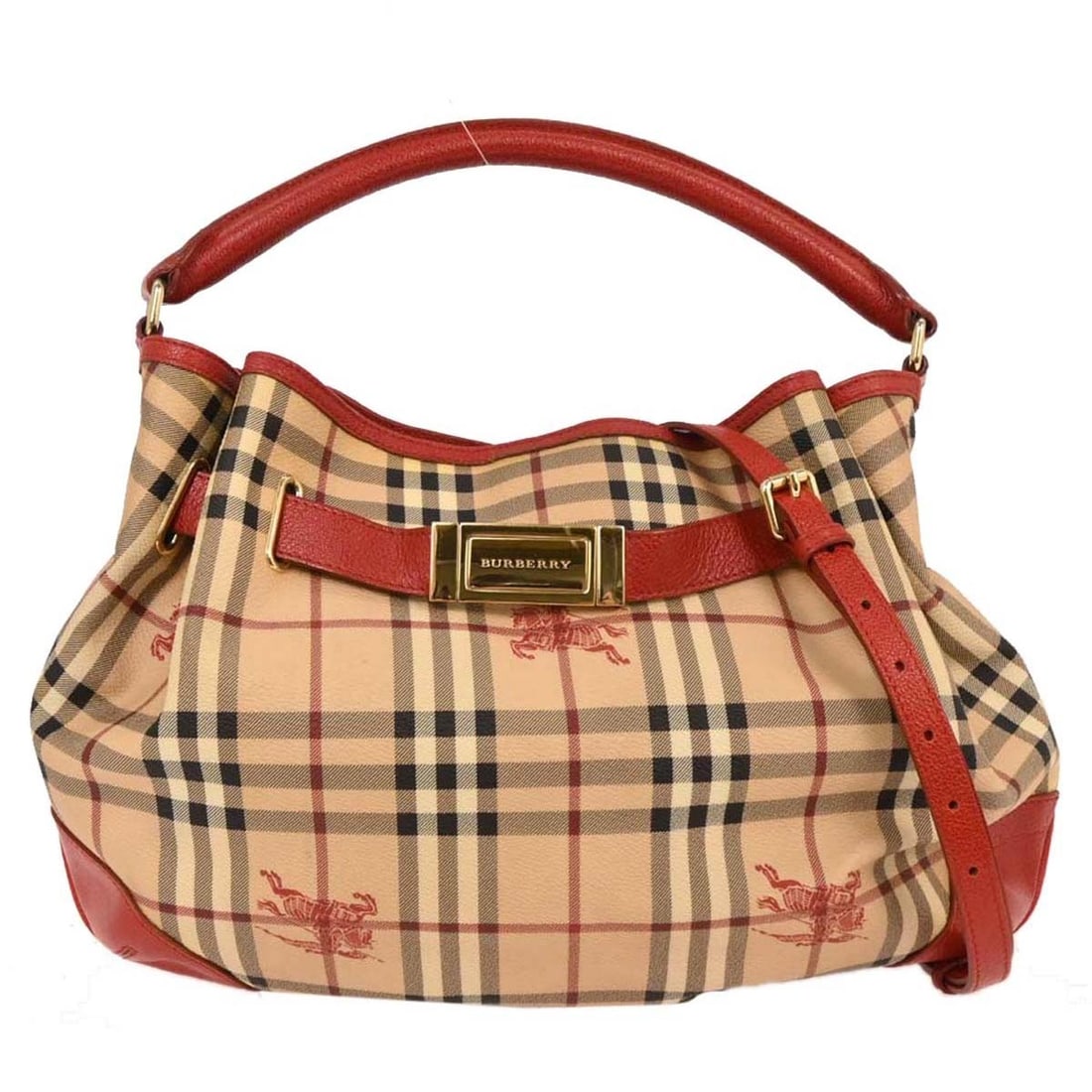 Burberry House Check Top Handle Bag Beige Red Leather PVC: Burberry House Check Top Handle Bag Beige Red Leather PVC Burberry House Check top handle handbag in beige and red with a check pattern. Made in Italy from PVC and leather, this medium handbag feature