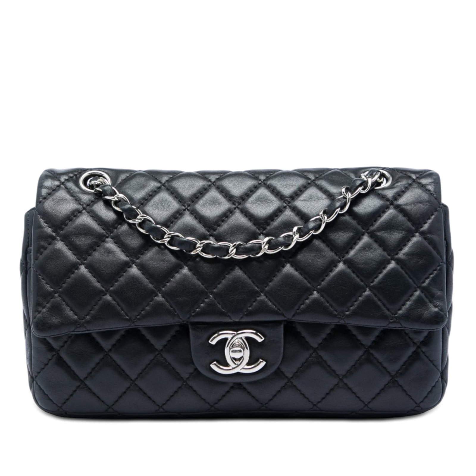 Chanel Medium Classic Double Flap Shoulder Bag Black Lambskin: Chanel Medium Classic Double Flap Shoulder Bag Black Lambskin Chanel Medium Classic Lambskin Double Flap shoulder bag in black quilted lambskin with leather-woven chain straps, double front flaps, int