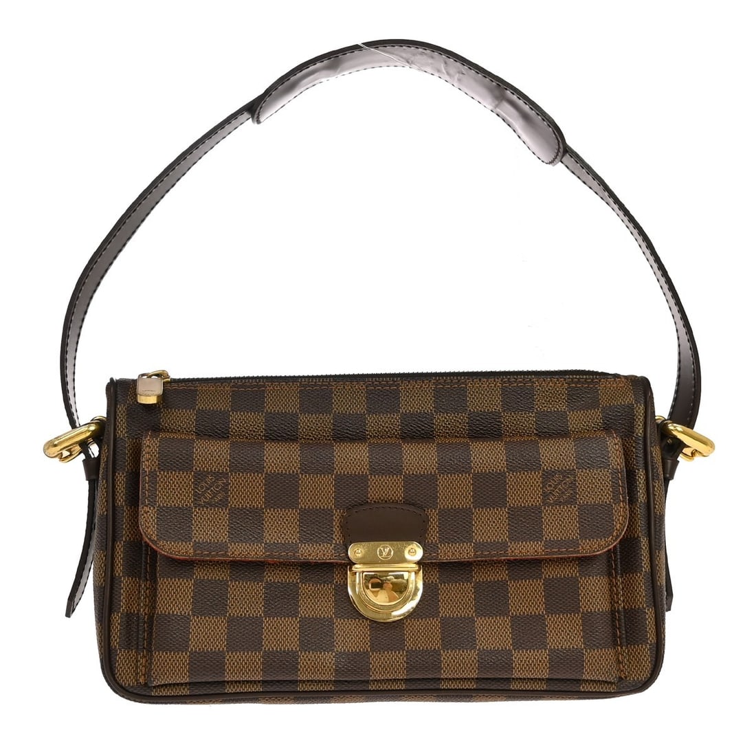 Louis Vuitton Ravello GM Damier Ebene Shoulder Bag N60006: Louis Vuitton Ravello GM Damier Ebene Shoulder Bag N60006 Vintage Louis Vuitton Ravello GM shoulder bag in Damier canvas and leather with an Ebene check pattern. This medium shoulder bag features a zi
