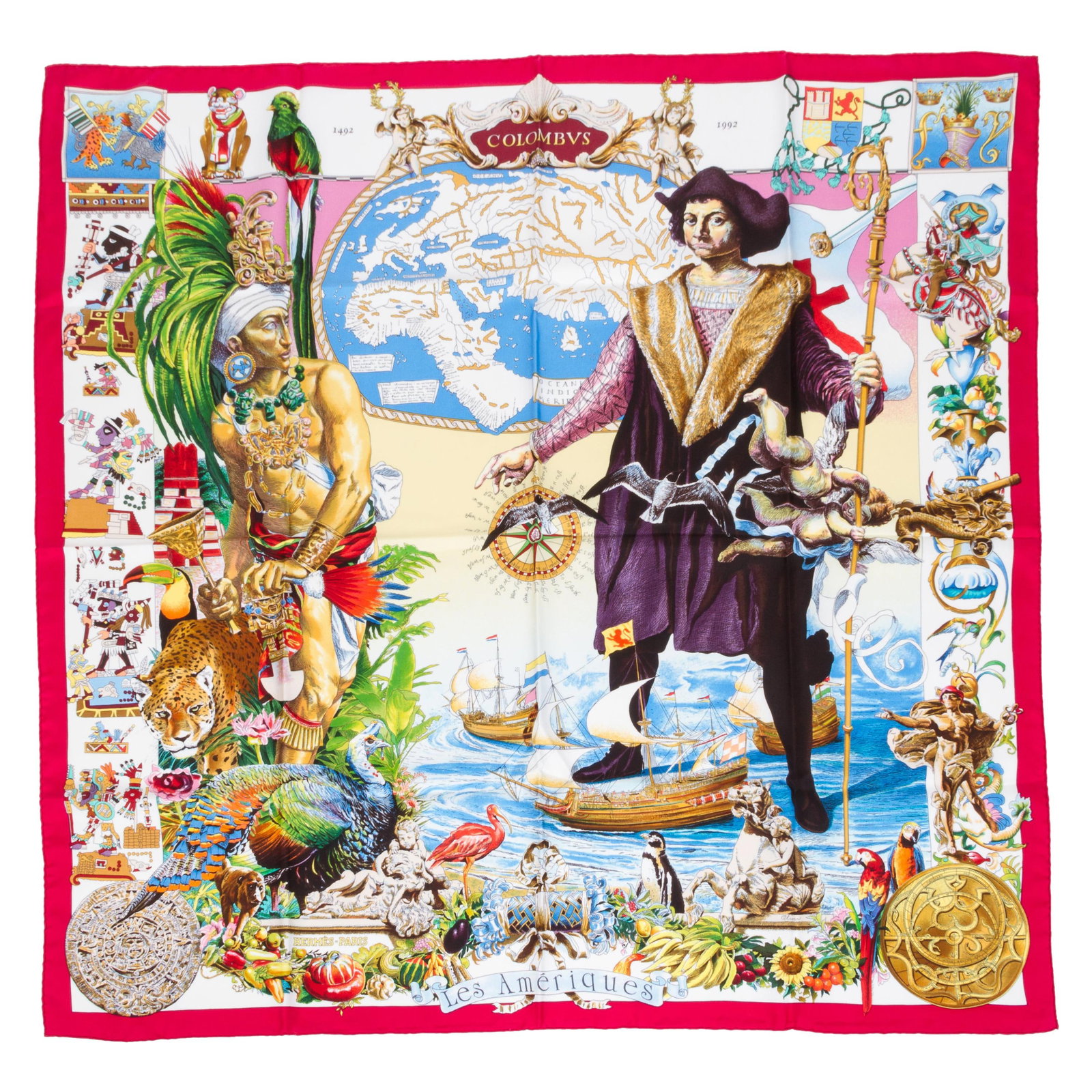 Hermes Les Ameriques 35 Silk Scarf by Kermit Oliver France: Hermes Les Ameriques 35 Silk Scarf by Kermit Oliver France This exquisite Hermes Les Ameriques Silk Twill Scarf is a stunning addition to any accessory collection. Measuring 35 inches by 35 inches (88