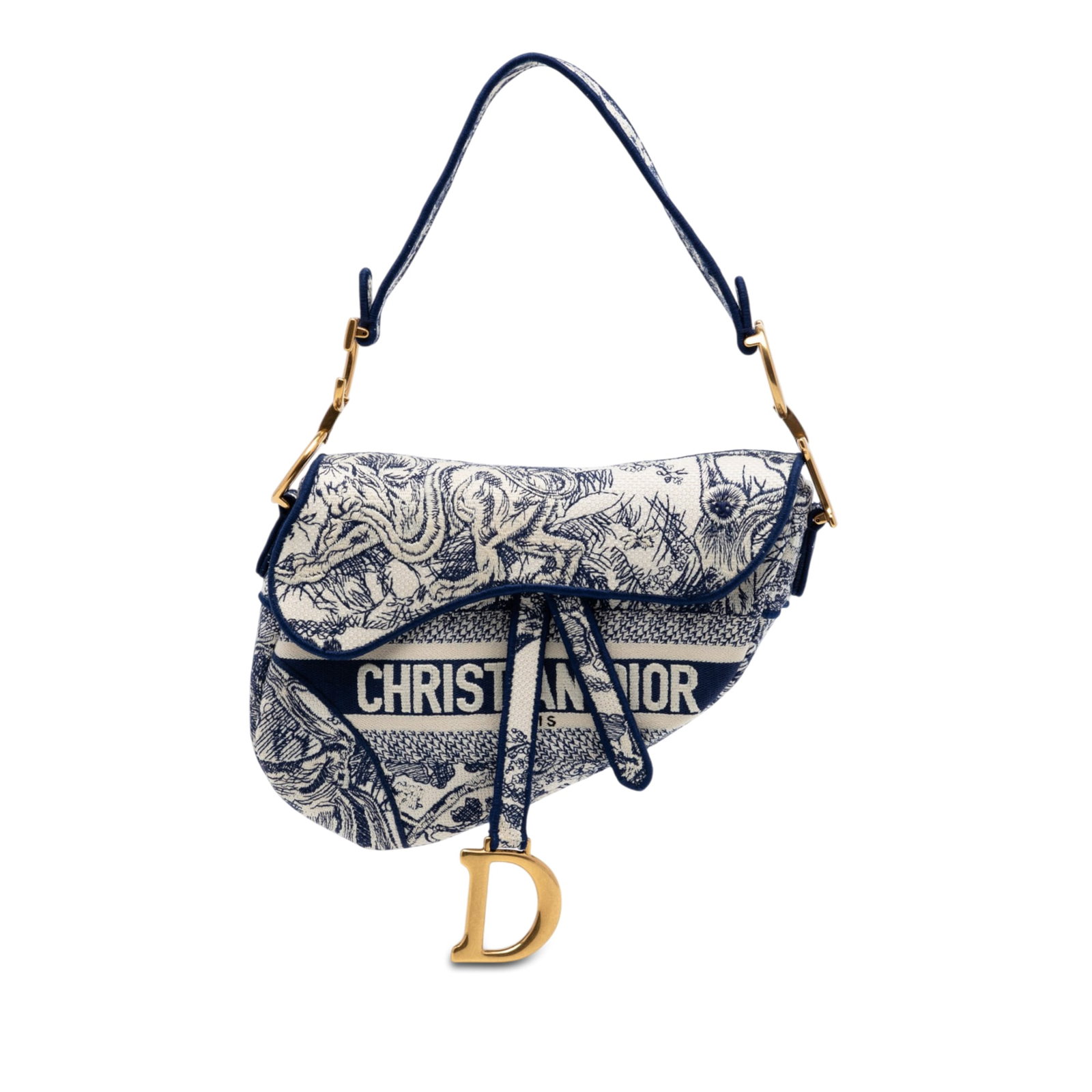 Dior Toile de Jouy Saddle Bag in Blue Embroidered Canvas: Dior Toile de Jouy Saddle Bag in Blue Embroidered Canvas This Dior Saddle Bag is crafted in embroidered canvas with a Toile de Jouy design and a blue colorway. It features a flat strap, a front flap c