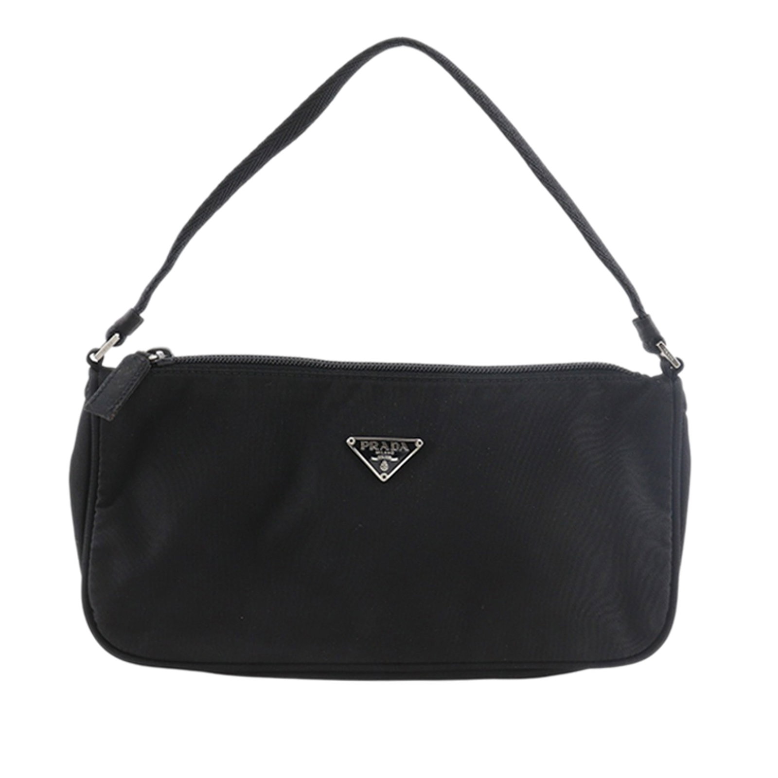 Prada Tessuto Pochette nylon shoulder bag black: Prada Tessuto Pochette nylon shoulder bag black This Prada Tessuto Pochette is a black shoulder bag crafted from durable fabric. It features a nylon body, a flat strap, and a top zip closure. The bag 