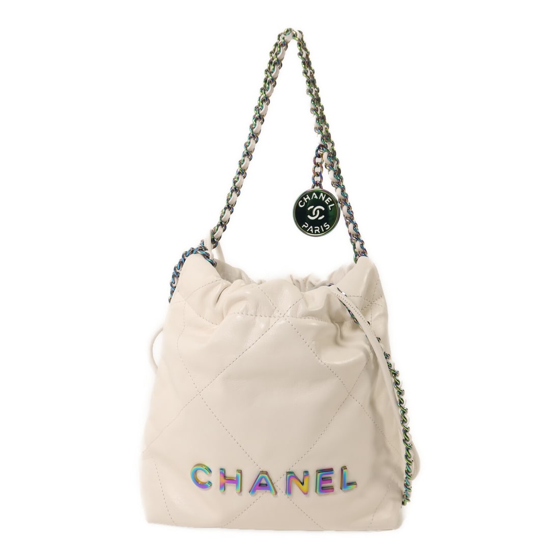 CHANEL AS3980 Mini 22 2 Way Shoulder Bag White Calfskin: CHANEL AS3980 Mini 22 2 Way Shoulder Bag White Calfskin CHANEL CC Mini 22 Chain Shoulder Bag in white calfskin leather. This 2-way shoulder bag is designed for women and includes an interior open pock