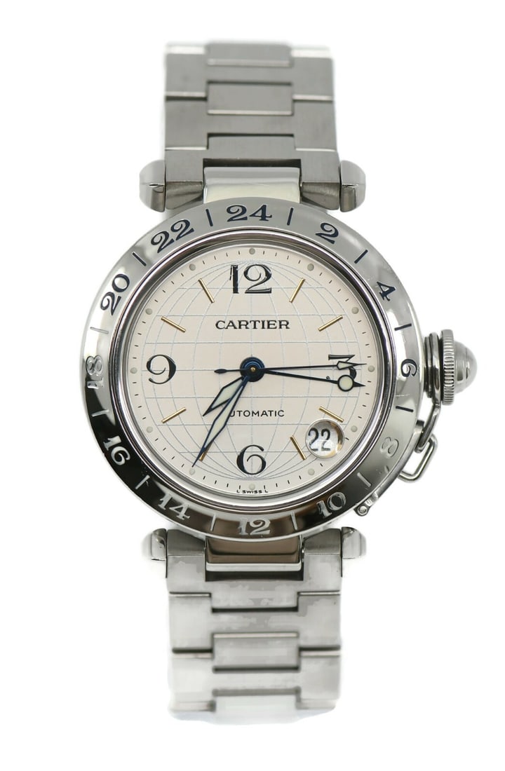 Cartier Pasha GMT Stainless Steel Watch 35mm Ref 2377 with Box: Cartier Pasha GMT Stainless Steel Watch 35mm Ref 2377 with Box This Cartier Pasha GMT wristwatch combines elegance with functionality. Featuring a mechanical (automatic) movement, it is crafted from d