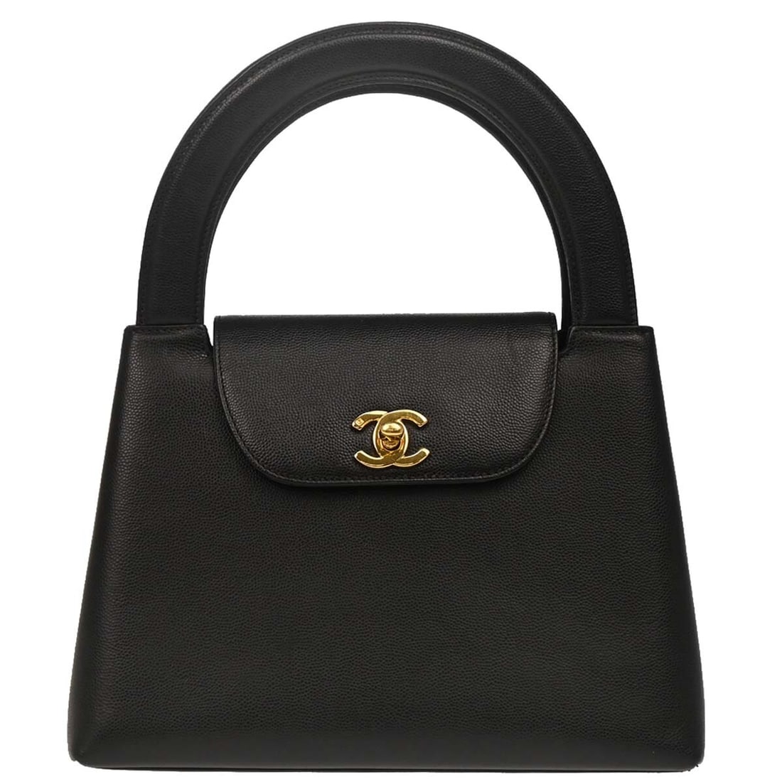 CHANEL CC Small Black Caviar Calf Leather Turn Lock Handbag: CHANEL CC Small Black Caviar Calf Leather Turn Lock Handbag Small Chanel handbag in black caviar skin leather with double handles and a turn-lock closure. The bag features an exterior pocket, inner po