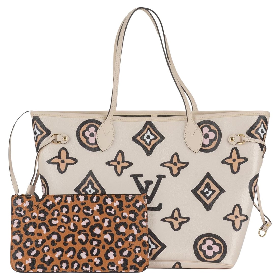 Louis Vuitton Wild at Heart Neverfull MM Canvas Tote with Removable Pouch and Box: Louis Vuitton Wild at Heart Neverfull MM Canvas Tote with Removable Pouch and Box The Louis Vuitton Wild at Heart Neverfull MM is crafted from cream monogram coated canvas with golden tone hardware. I