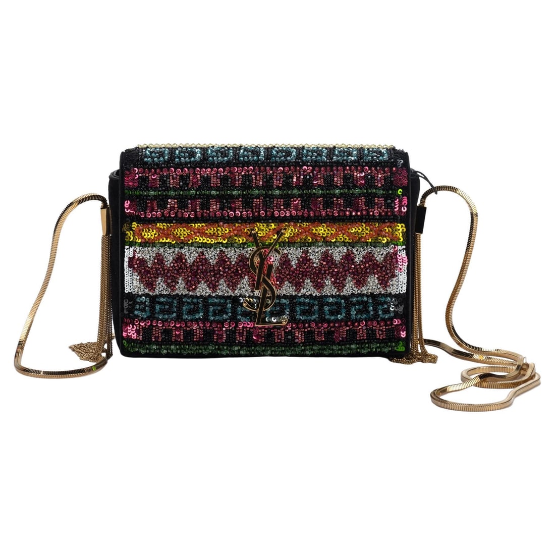 Yves Saint Laurent Black Suede Crossbody with Seabeads and Gold Chain: Yves Saint Laurent Black Suede Crossbody with Seabeads and Gold Chain Elevate your style with this exquisite Yves Saint Laurent crossbody bag, crafted from luxurious black suede. Adorned with vibrant 