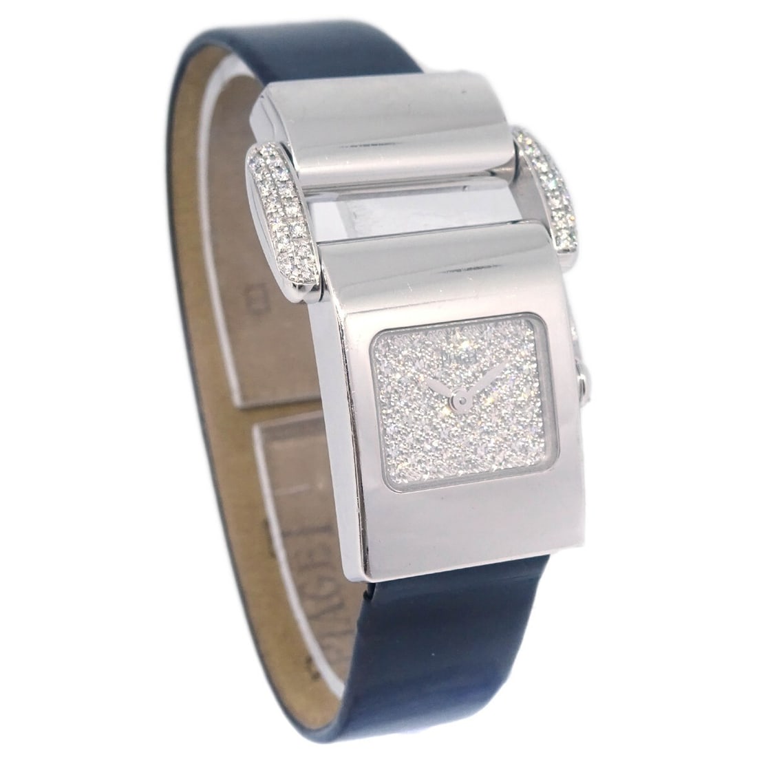 Women's Piaget Miss Protocole 18KWG Diamond Quartz Wristwatch Black Band: Women's Piaget Miss Protocole 18KWG Diamond Quartz Wristwatch Black Band Piaget Miss Protocole quartz wristwatch for women, made in Switzerland. It features an analog display, silver dial, black paten