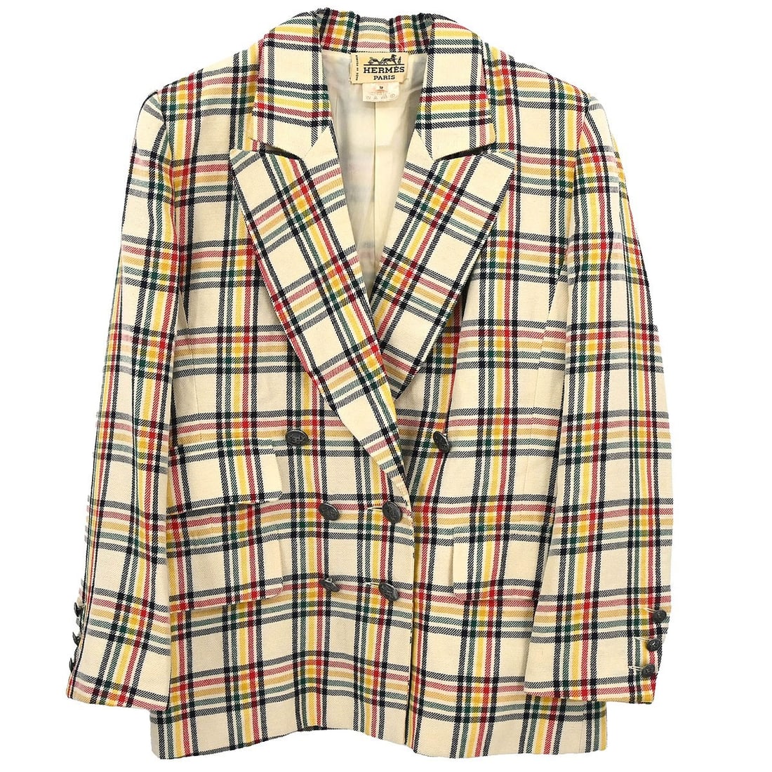 Hermes Women Jacket FR 38 Off White Linen Wool Blend: Hermes Women Jacket FR 38 Off White Linen Wool Blend Vintage Hermes double-breasted jacket in off-white with a mid-length silhouette and long sleeves. This women's basic jacket features a button closu