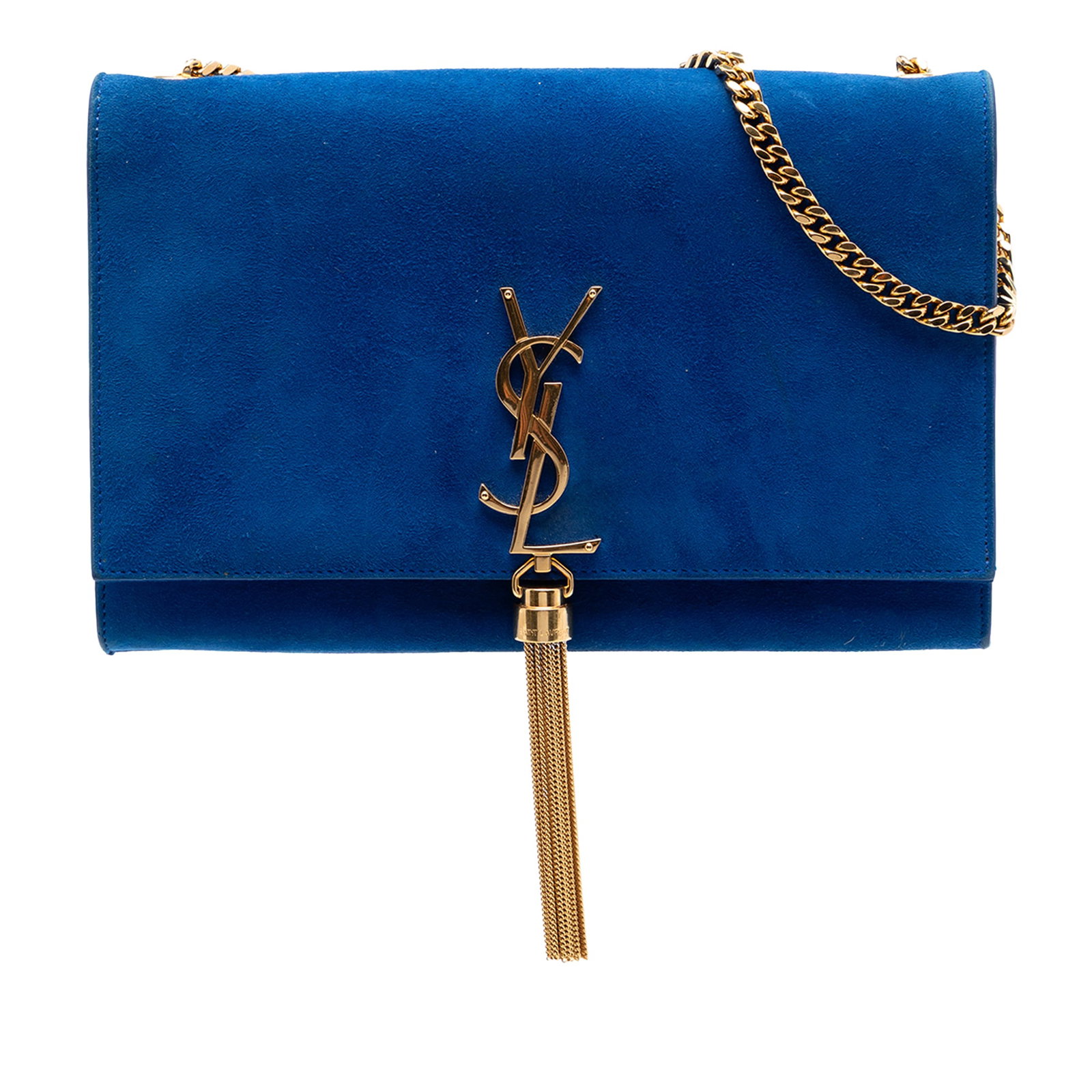 Saint Laurent Kate Medium Blue Suede Tassel Crossbody Bag: Saint Laurent Kate Medium Blue Suede Tassel Crossbody Bag Saint Laurent Medium Suede Monogram Kate Tassel Crossbody in blue suede leather. This crossbody bag features a chain link shoulder strap, a fr