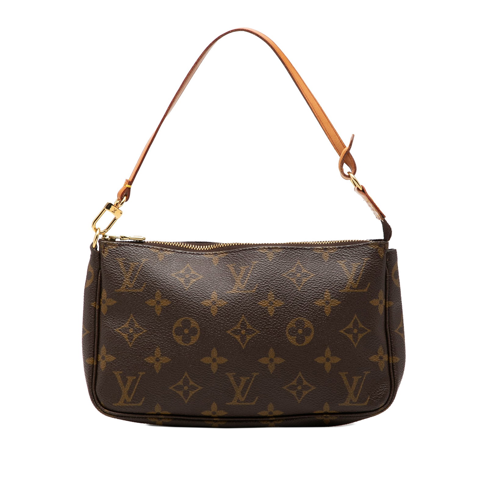 Louis Vuitton Monogram Pochette Accessoires Zip Top Handbag: Louis Vuitton Monogram Pochette Accessoires Zip Top Handbag Louis Vuitton Monogram Pochette Accessoires in brown with a monogram canvas body, flat vachetta leather handle, and top zip closure. Made in