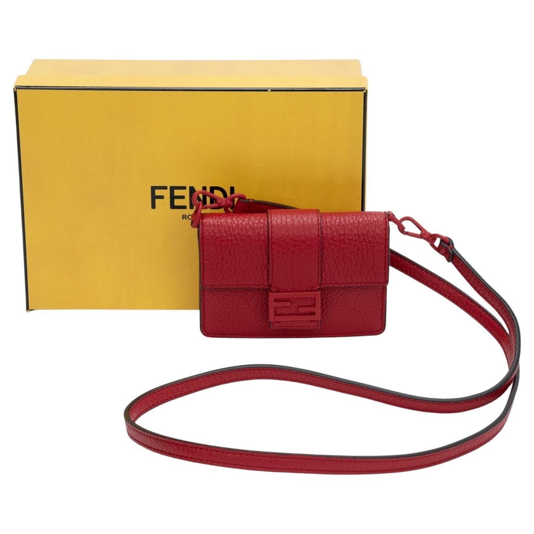 Fendi Red Micro Baguette Pebbled Leather NIB with Dust Cover and Box: Fendi Red Micro Baguette Pebbled Leather NIB with Dust Cover and Box This stunning Fendi Micro Baguette is a must-have accessory for any fashion enthusiast. Crafted from vibrant red pebbled leather, i