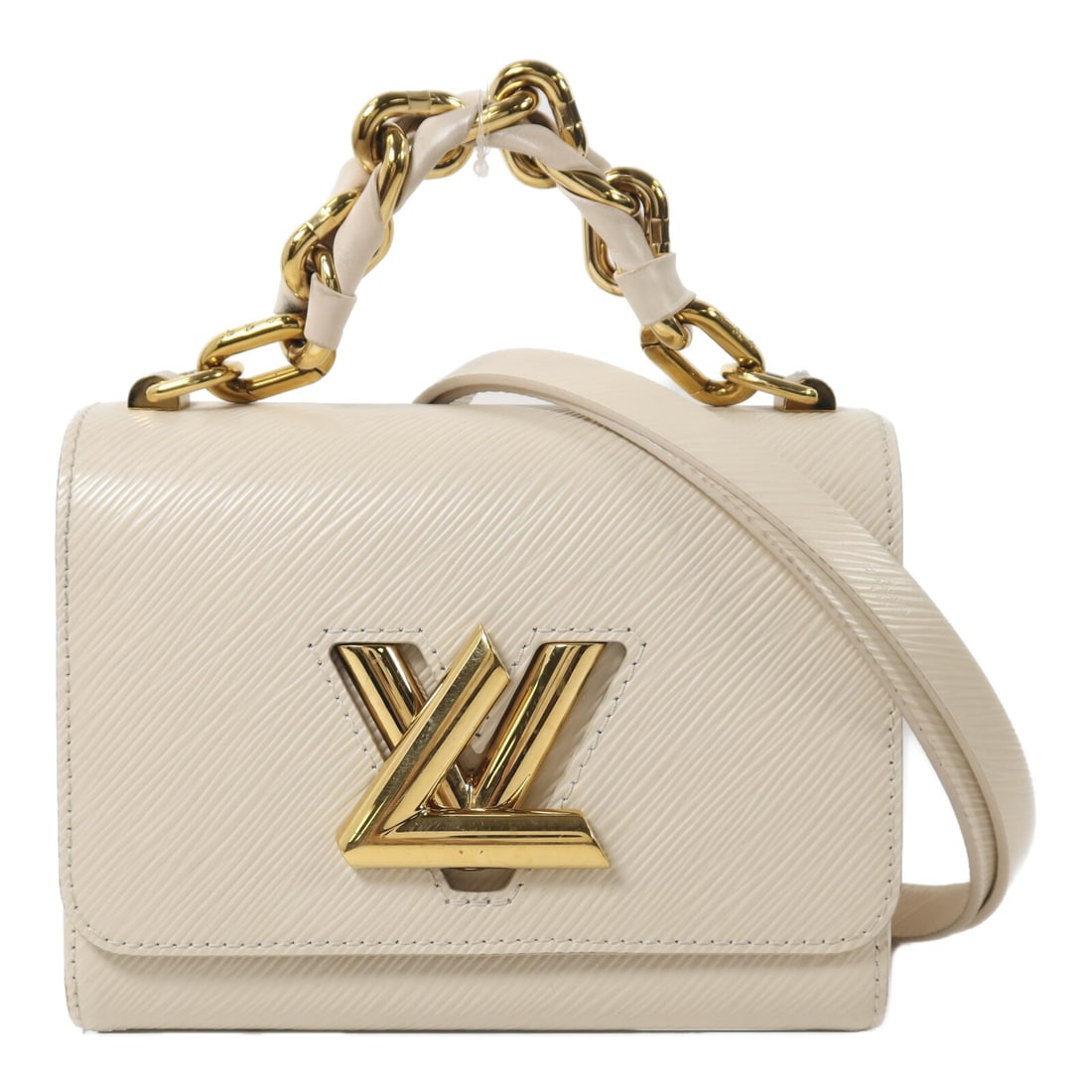 Louis Vuitton Twist PM 2way Shoulder Bag White Epi Calfskin M22373: Louis Vuitton Twist PM 2way Shoulder Bag White Epi Calfskin M22373 A Louis Vuitton Twist PM Chain Shoulder Bag in white, designed as a 2-way shoulder bag with a chain shoulder strap. It is made with E