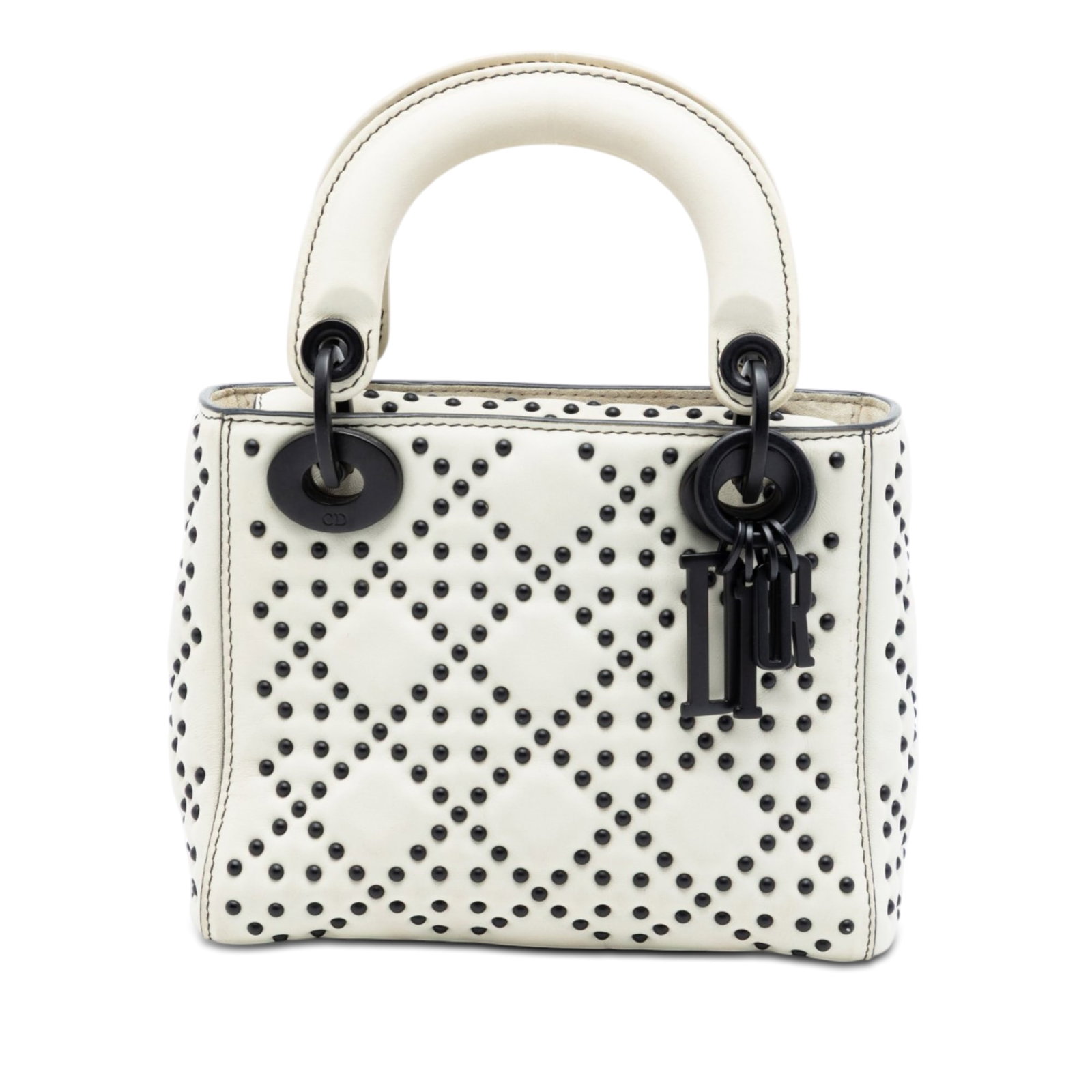 Dior Mini Lady Cannage Studded Leather Bag: Dior Mini Lady Cannage Studded Leather Bag This Dior Mini Ultra Matte Calfskin Cannage Studded Supple Lady Dior bag features a white studded leather body with flat leather handles and a fold-in flap c
