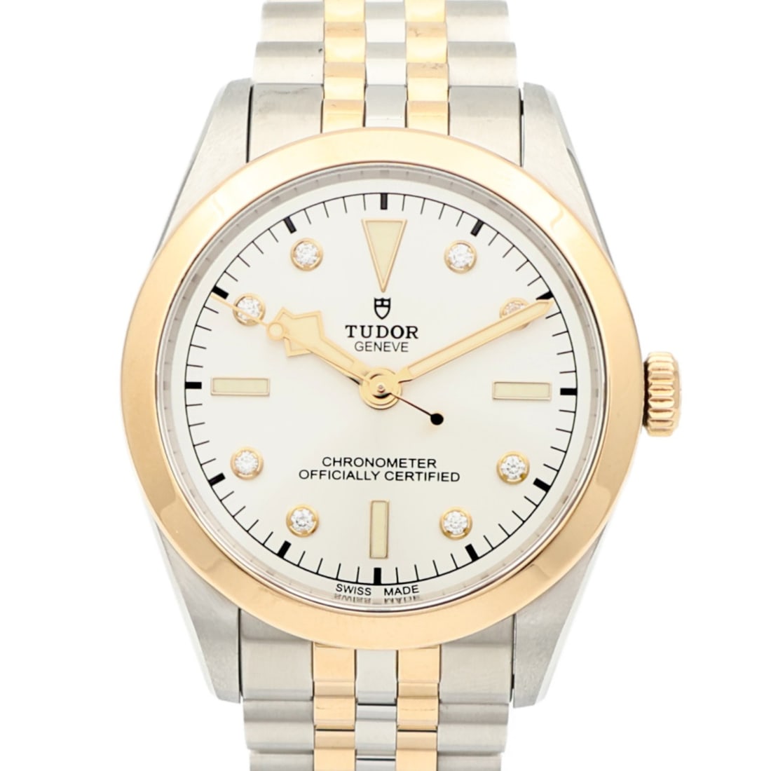 TUDOR 79643 Black Bay One mens automatic wristwatch in 18K gold steel diamond: TUDOR 79643 Black Bay One mens automatic wristwatch in 18K gold steel diamond TUDOR Black Bay One Automatic Watch 79643 is a men's wristwatch featuring a silver dial and a case made of K18 yellow gold