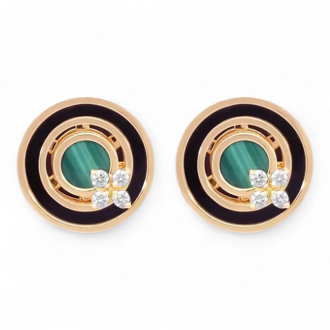 Roberto Coin Love in Verona 18K Rose Gold Stud Earrings Black Jade Malachite: Roberto Coin Love in Verona 18K Rose Gold Stud Earrings Black Jade Malachite Love in Verona stud earrings crafted in 18K rose gold with black jade, malachite, and round natural diamonds. This pair fea