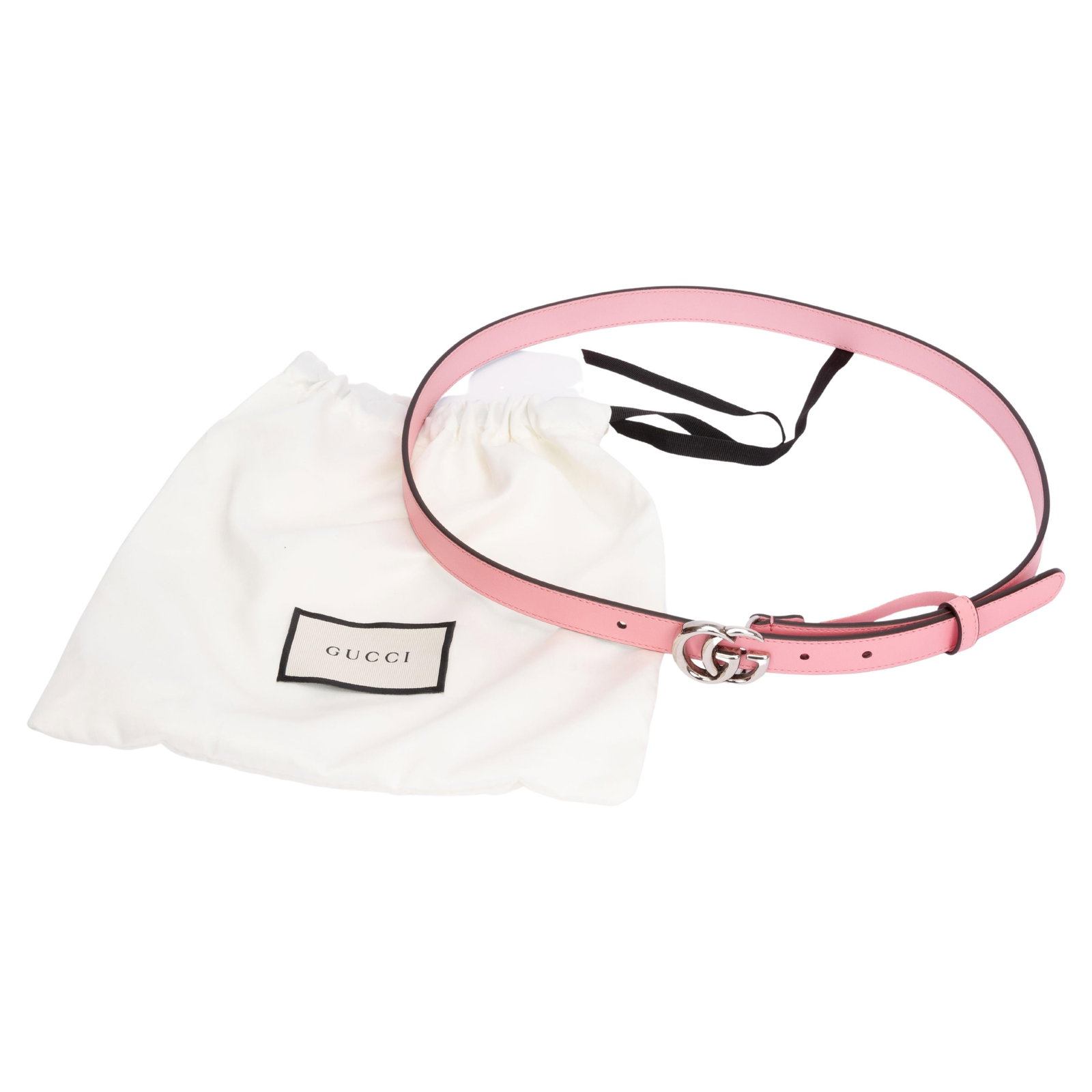 Gucci Pink Slim Belt with GG Logo Buckle Italy: Gucci Pink Slim Belt with GG Logo Buckle Italy Elevate your style with this exquisite Gucci Belt in a delightful pink hue. This designer accessory features a slim profile with a width of 0.75 in (1.91