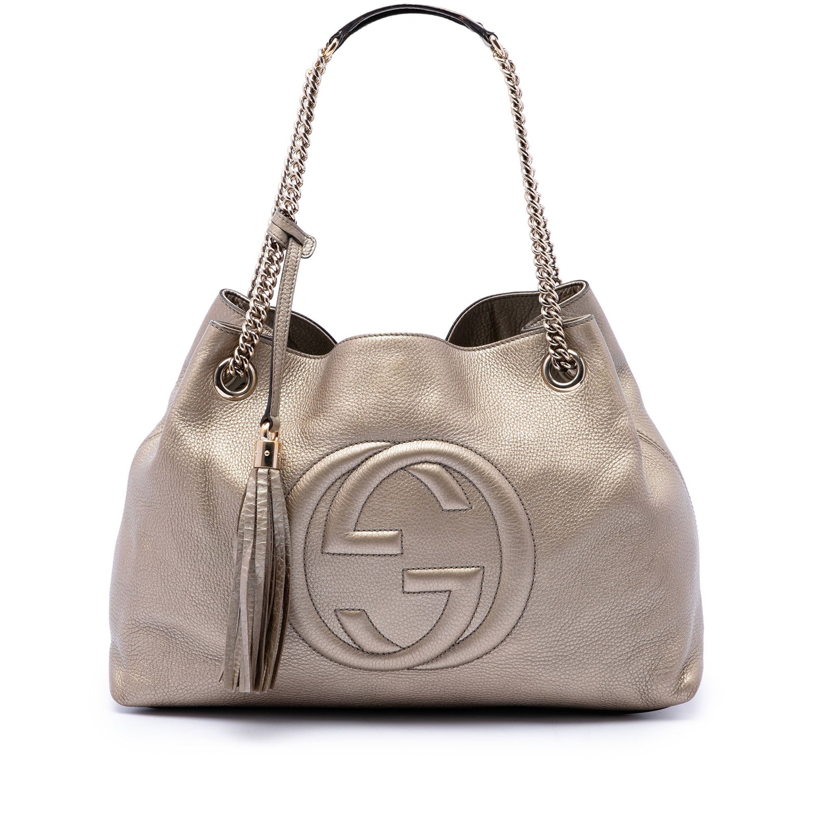 Gucci Soho Chain Tote Medium Metallic Calfskin Leather Bag: Gucci Soho Chain Tote Medium Metallic Calfskin Leather Bag Gucci Soho Chain tote crafted in metallic calfskin leather with curb chain straps and leather guards. The bag features an open top with lobst