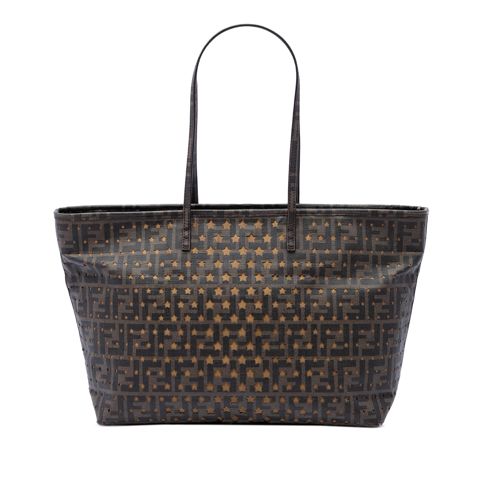 Fendi Zucca Star Roll Tote Medium Brown Coated Canvas Bag: Fendi Zucca Star Roll Tote Medium Brown Coated Canvas Bag Fendi Medium Zucca Coated Canvas Laser Cut Star Roll Tote in brown. This tote features a coated canvas body with star detail, flat leather str