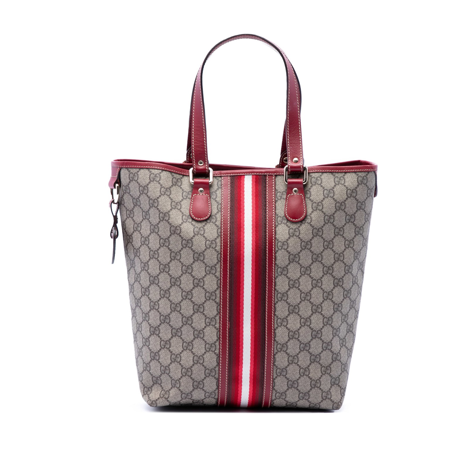 Gucci GG Supreme Web Canvas Tote Bag Beige: Gucci GG Supreme Web Canvas Tote Bag Beige Gucci GG Supreme Web Tote in beige with a coated canvas body and flat leather handles. The bag features an open top and an interior slip pocket. Condition is