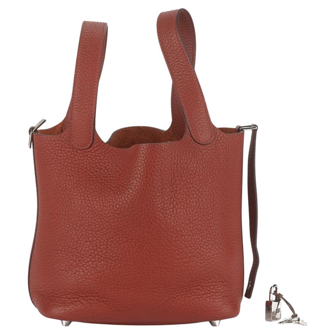 Hermes Picotin Lock 18 Brique Togo Leather Bag: Hermes Picotin Lock 18 Brique Togo Leather Bag Hermes Picotin 18 Lock in brique Togo leather with palladium hardware, tonal stitching, and two top handles. The design features a natural leather-lined 
