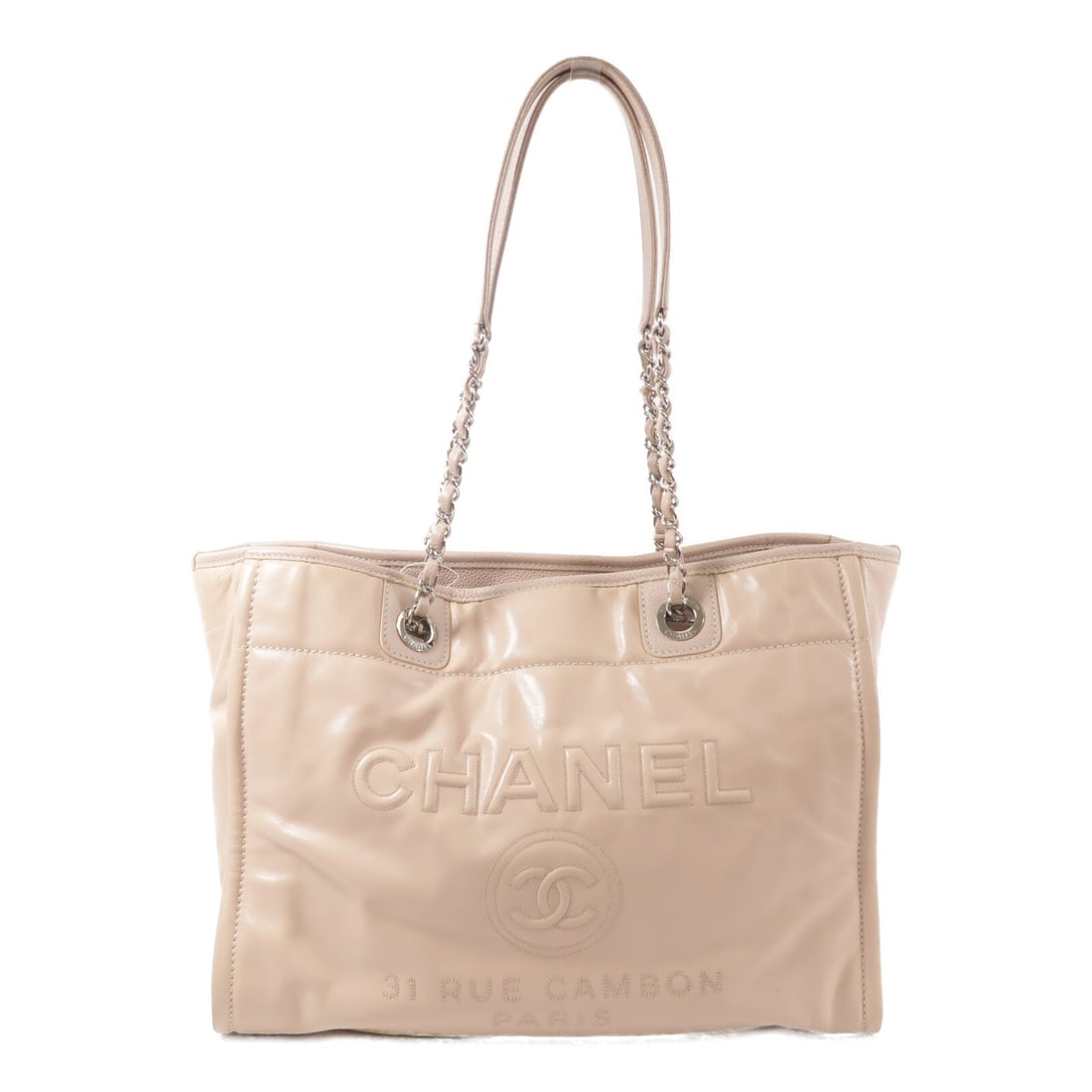 CHANEL Deauville Medium Tote Bag A93257 Pink Calfskin SHW: CHANEL Deauville Medium Tote Bag A93257 Pink Calfskin SHW Medium Deauville chain tote bag in pink calfskin leather with a magnetic pocket and an interior featuring one zip pocket and two open pockets.