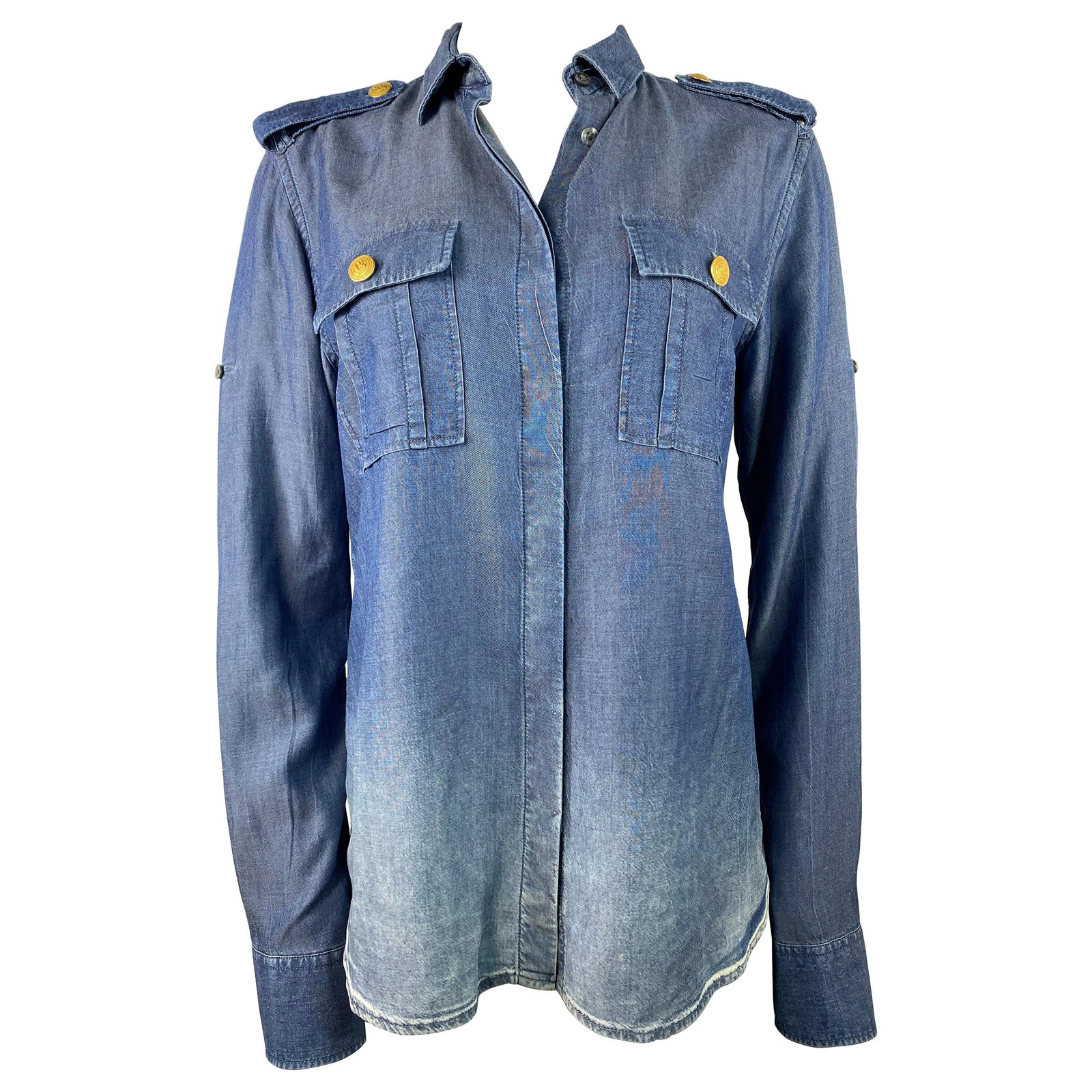Pierre Balmain denim button down shirt light wash size 40: Pierre Balmain denim button down shirt light wash size 40 Light wash blue denim button-down shirt by Pierre Balmain, featuring gold plated button details, a collar, dual front pockets, and adjustable 