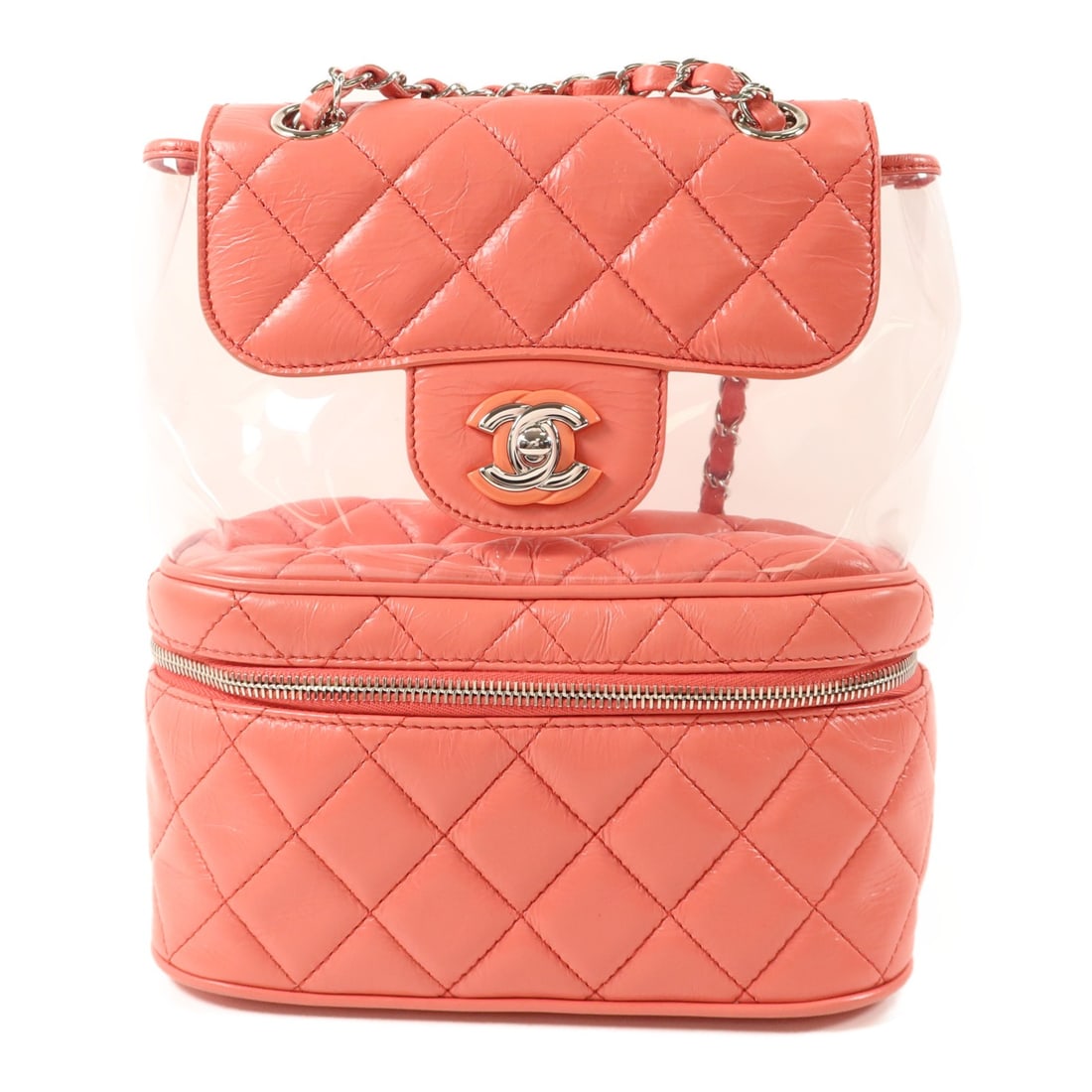 Chanel A57826 Matelasse CC Pink Calfskin PVC Backpack: Chanel A57826 Matelasse CC Pink Calfskin PVC Backpack This CHANEL rucksack backpack is crafted from calfskin (cowhide) and PVC in a pink and coral colorway. It features the Matelasse design, silver ha