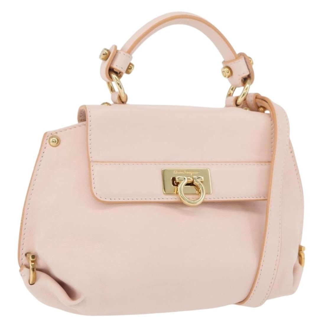 Salvatore Ferragamo Gancini Leather 2way Handbag Pink with Shoulder Strap: Salvatore Ferragamo Gancini Leather 2way Handbag Pink with Shoulder Strap A Salvatore Ferragamo Gancini hand bag in pink and gold leather, designed for women and made in Italy. It is a 2-way style and