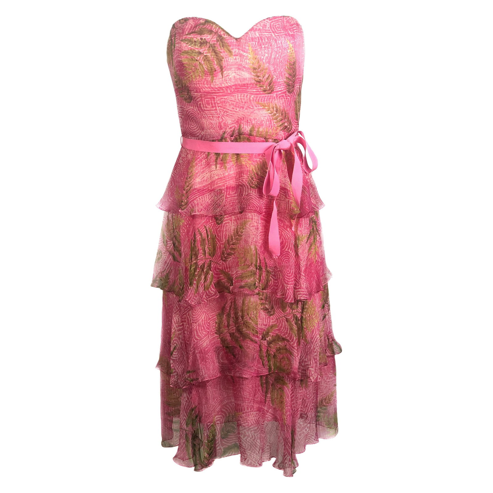 Oscar de la Renta Size 6 Silk Midi Dress Strapless Pink with Belt: Oscar de la Renta Size 6 Silk Midi Dress Strapless Pink with Belt Oscar de la Renta silk strapless pink midi dress with belt in size 6. It features a green leaves print detail, a double rear zip and h