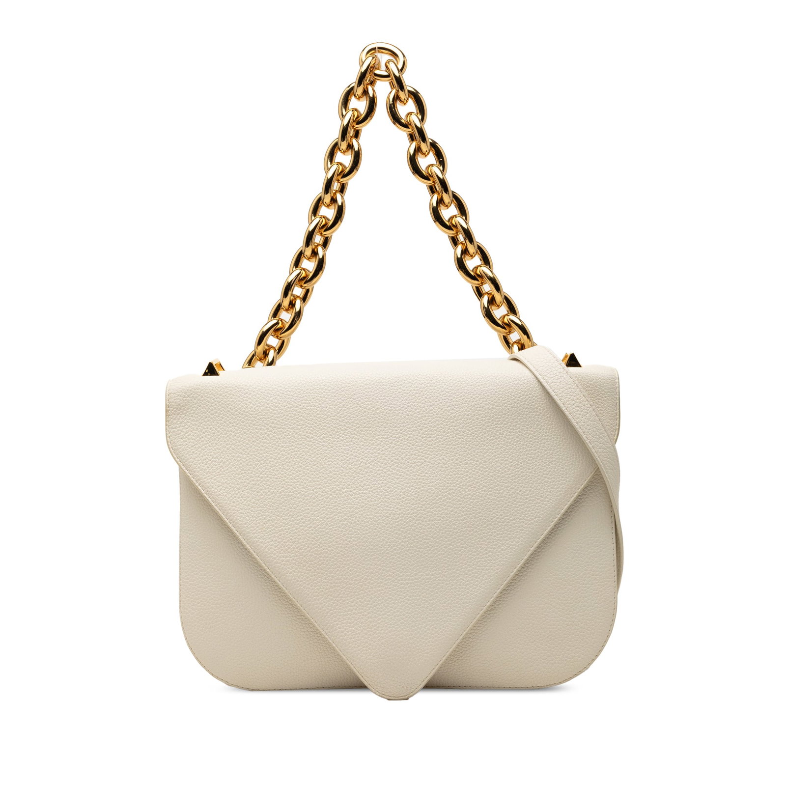 Bottega Veneta white leather envelope chain shoulder bag: Bottega Veneta white leather envelope chain shoulder bag This Bottega Veneta Medium Leather Mount Envelope Chain Bag showcases a sophisticated design with a white leather body and gold-tone chain hand