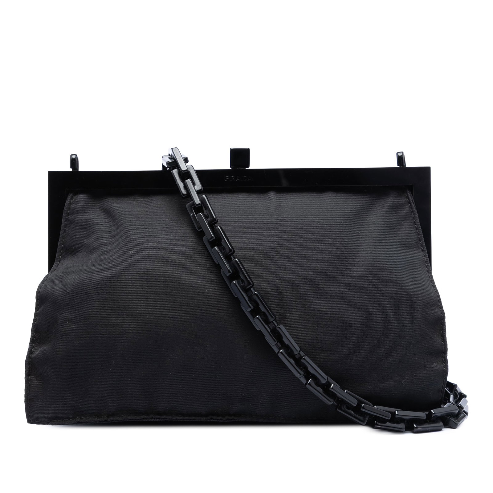 Prada Tessuto Kisslock Frame Chain Black Nylon Crossbody Bag: Prada Tessuto Kisslock Frame Chain Black Nylon Crossbody Bag Prada Tessuto Kisslock Frame Chain Crossbody in black fabric with a nylon body, chain link strap, and top clasp closure. Made in Italy. Con