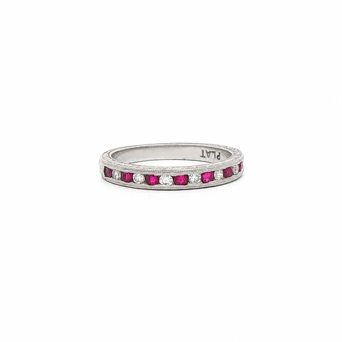 Unbranded Platinum Band Ring with Rubies Diamonds and Milgrain: Unbranded Platinum Band Ring with Rubies Diamonds and Milgrain Vintage engraved milgrain band ring featuring alternating natural rubies and diamonds in channel settings. Crafted in solid .900+ platinu