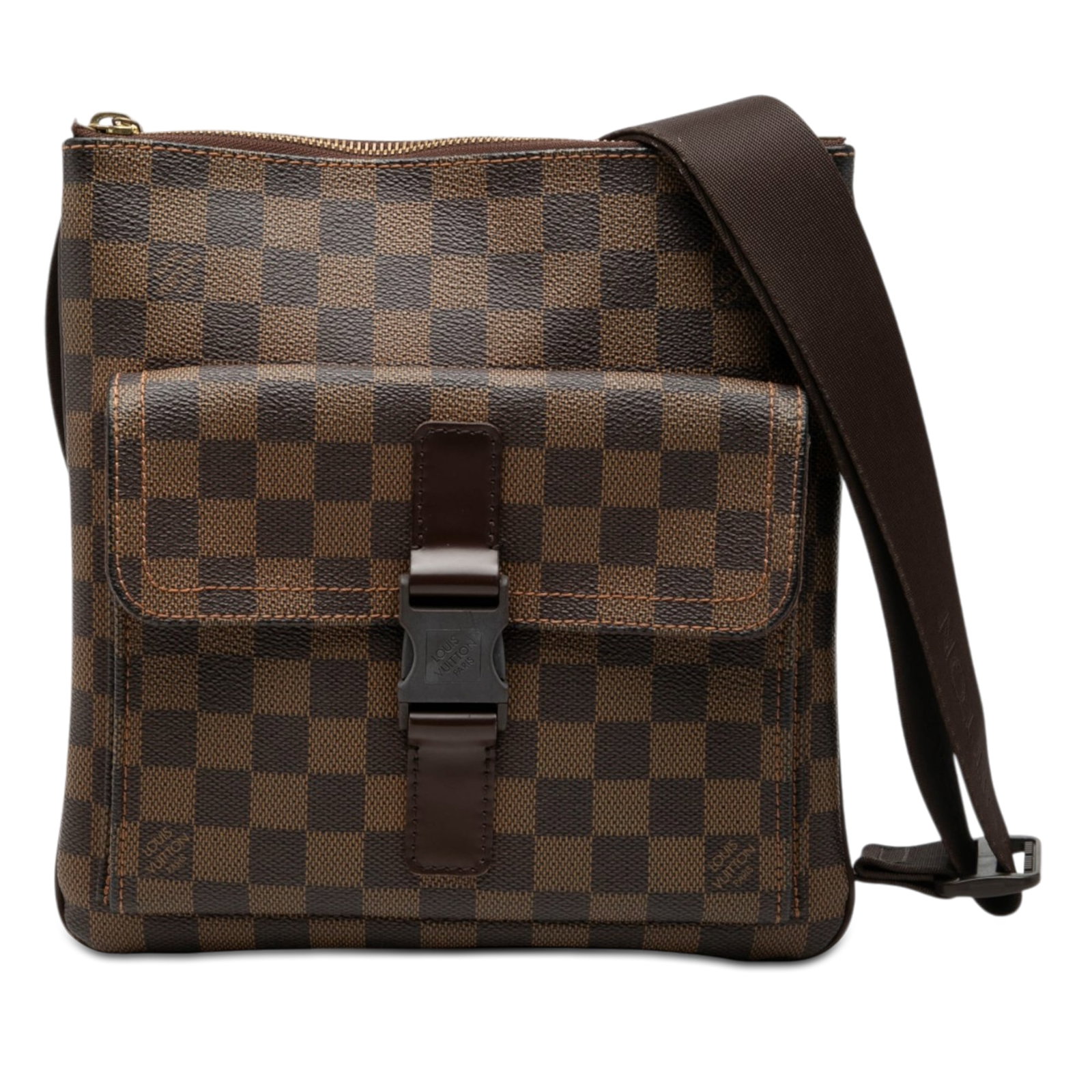 Louis Vuitton Pochette Melville Damier Ebene Crossbody Bag: Louis Vuitton Pochette Melville Damier Ebene Crossbody Bag Louis Vuitton Damier Ebene Pochette Melville bag in brown Damier Ebene canvas with an adjustable flat strap, top zip closure, and an exterior