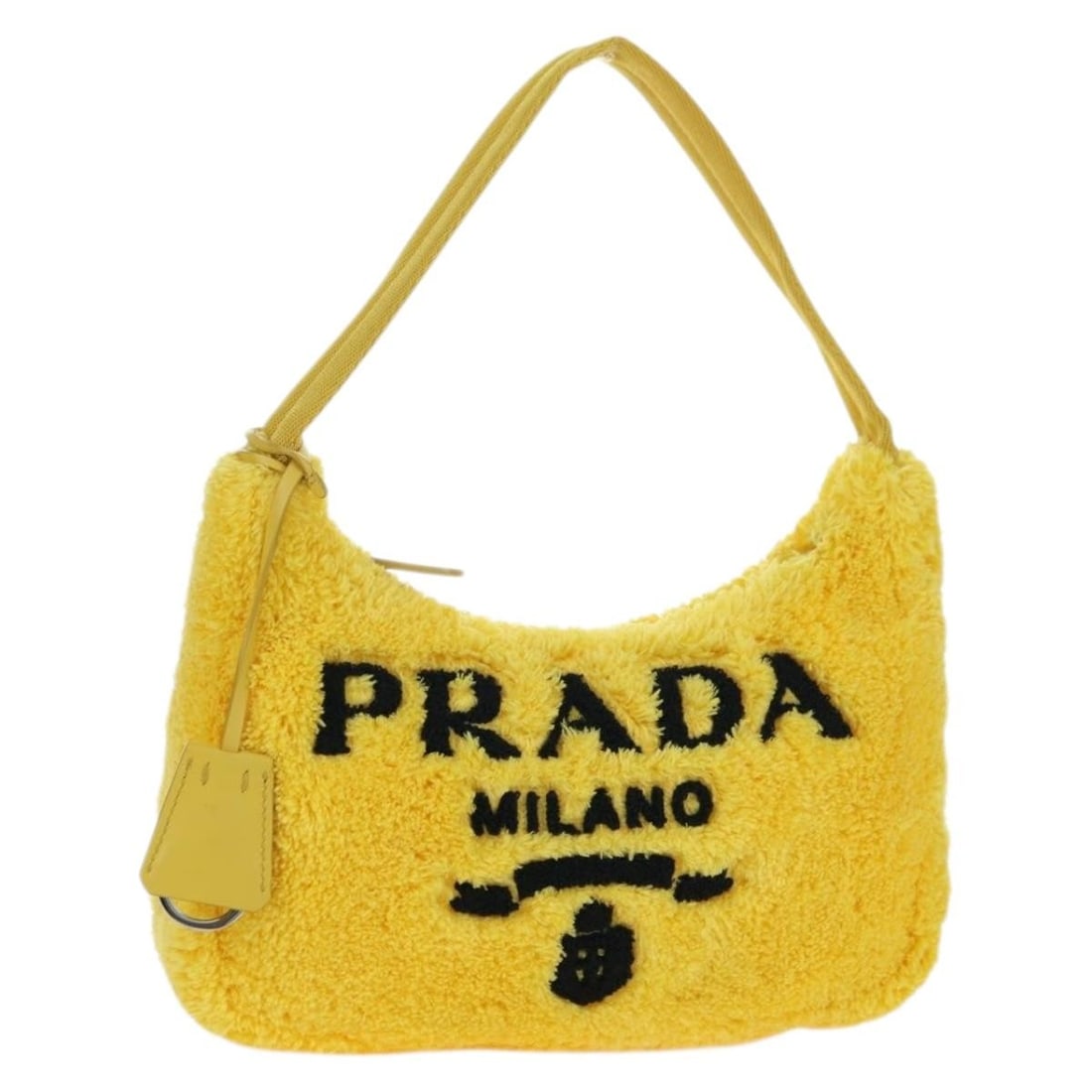 PRADA Yellow Silver Pile Hand Bag with Clochette: PRADA Yellow Silver Pile Hand Bag with Clochette Prada hand pouch in yellow and silver pile with a compact silhouette and top handle design. Made in Italy, this women's handbag includes a clochette. C