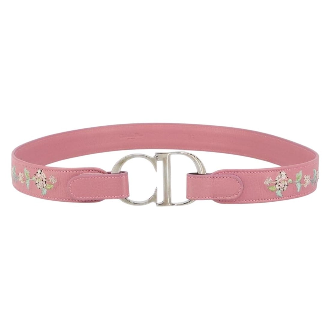 Christian Dior Pink Leather Flower Belt 85cm Dust Bag: Christian Dior Pink Leather Flower Belt 85cm Dust Bag This Christian Dior CD Flower belt is crafted from pink leather and features a distinctive floral accent with metal fittings. Designed for women, 