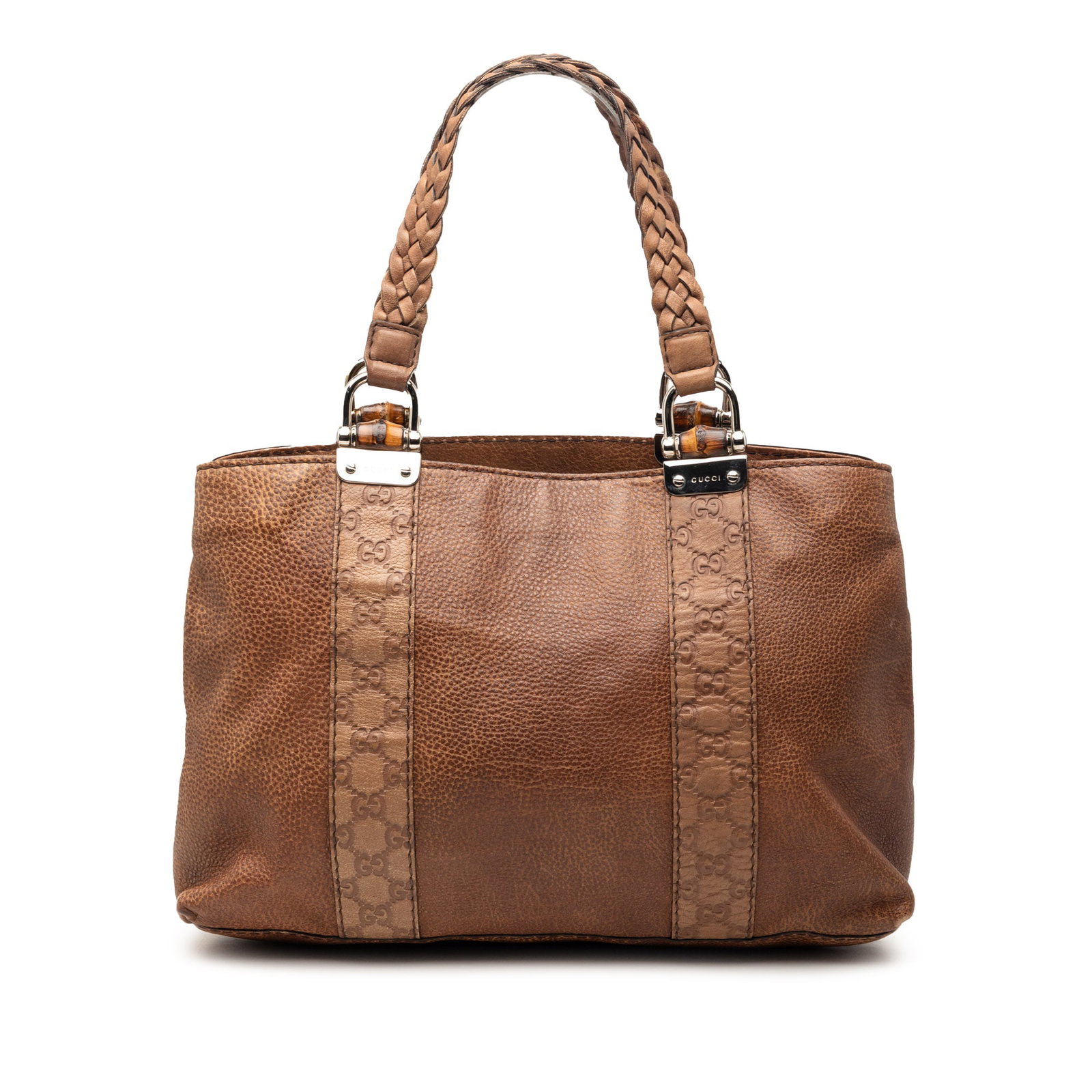 Gucci Libeccio Medium Tote Brown Calfskin with Bamboo Trim: Gucci Libeccio Medium Tote Brown Calfskin with Bamboo Trim Gucci Medium Guccissima Trimmed Calfskin Bamboo Libeccio Tote in brown leather with embossed leather trim and woven leather shoulder straps. 