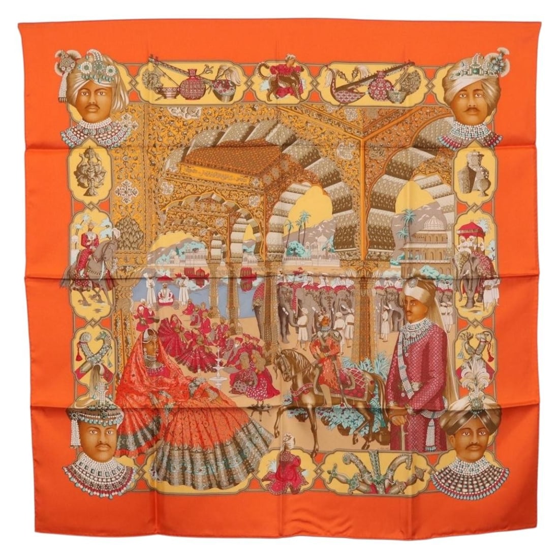 Hermes Maharajas Carre 90 Silk Scarf Orange France: Hermes Maharajas Carre 90 Silk Scarf Orange France Authentic Hermes Carre 90 "MAHARAJAS" scarf in orange silk. This women's scarf is made in France and comes with its item box. It is in excellent, pri