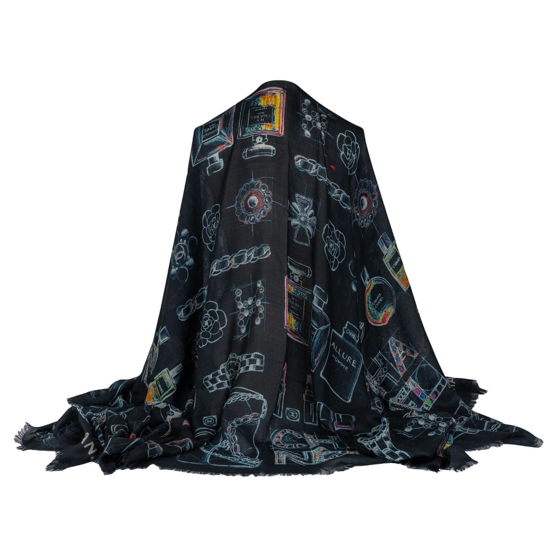 Chanel Navy Cashmere Shawl with Iconic Designs 54 x 76: Chanel Navy Cashmere Shawl with Iconic Designs 54 x 76 This exquisite Chanel Cashmere Shawl showcases a stunning navy color adorned with iconic maison designs, making it a luxurious addition to any wa