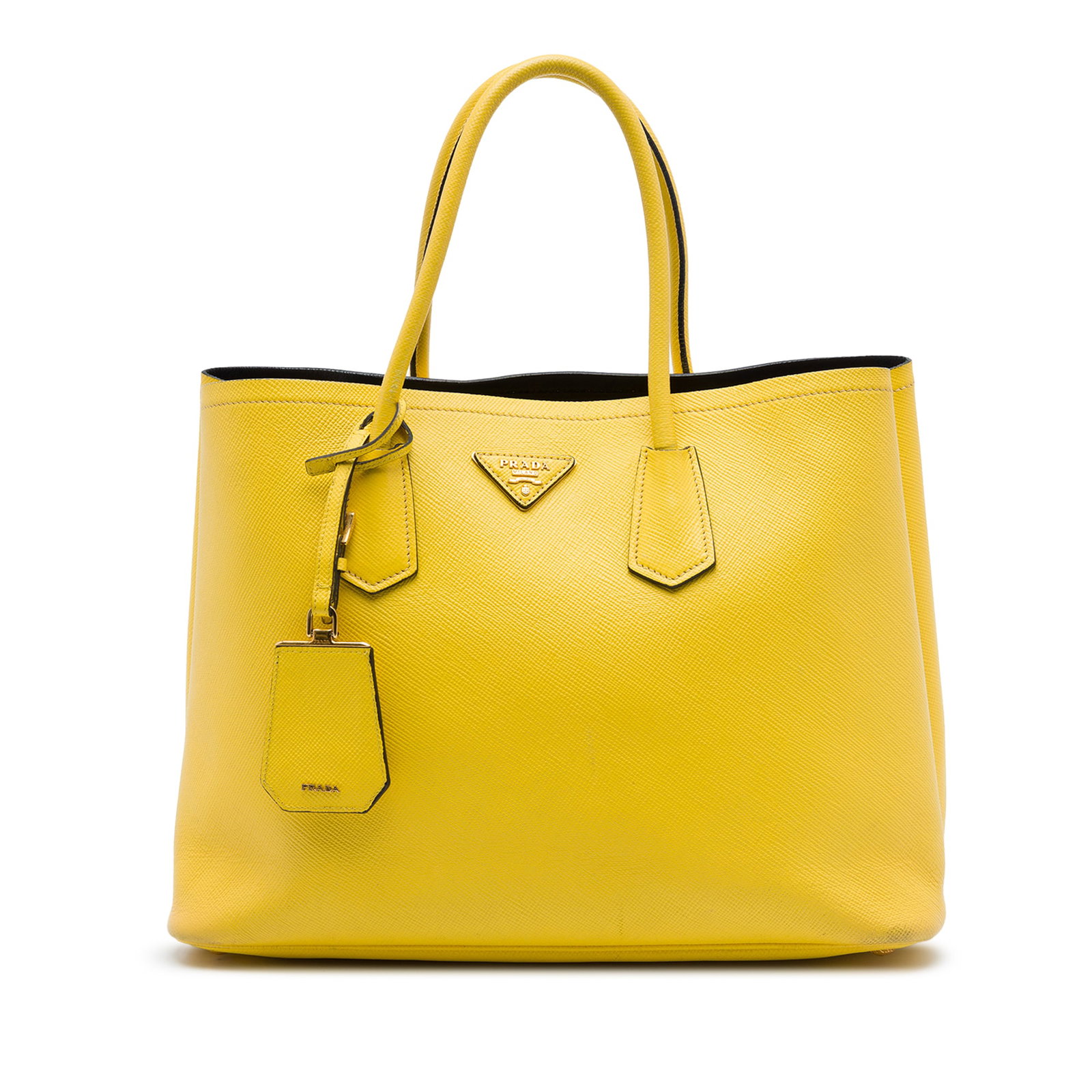 Prada Medium Double Satchel in Yellow Saffiano Leather: Prada Medium Double Satchel in Yellow Saffiano Leather Prada Medium Saffiano Cuir Double Satchel in yellow leather with rolled leather handles, an open top, and an interior flap pocket. Made in Italy.