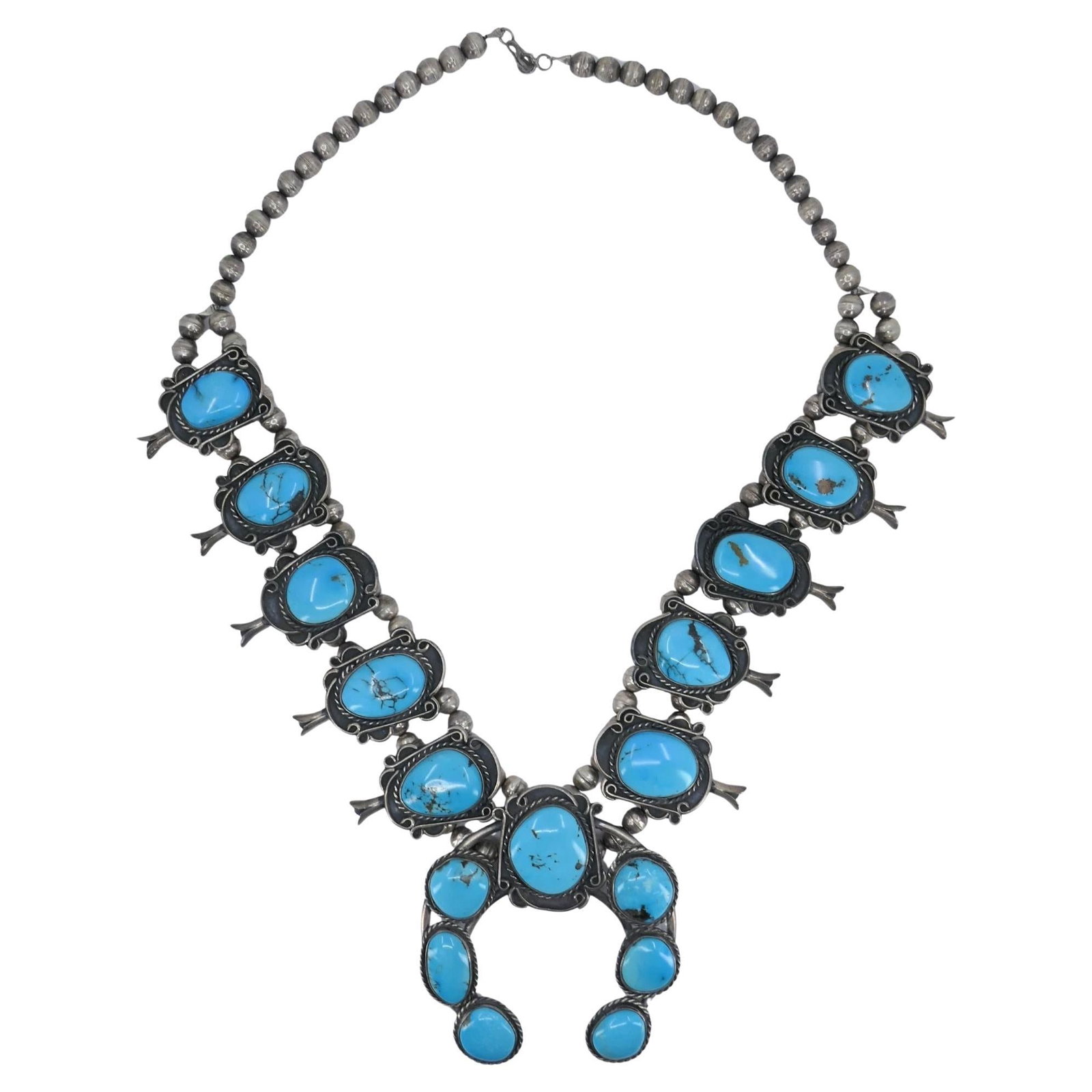 Navajo Turquoise Squash Blossom Necklace in Sterling Silver 26 in (1 of 7)