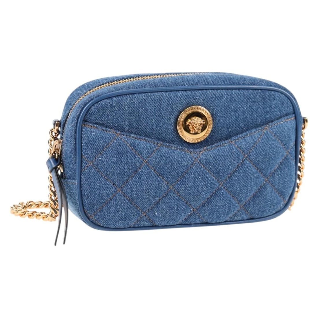 Versace canvas shoulder bag with chain strap blue gold: Versace canvas shoulder bag with chain strap blue gold Authentic Versace chain shoulder bag in blue canvas with gold-tone accents. This women's shoulder bag is made in Italy and includes a dust bag. I