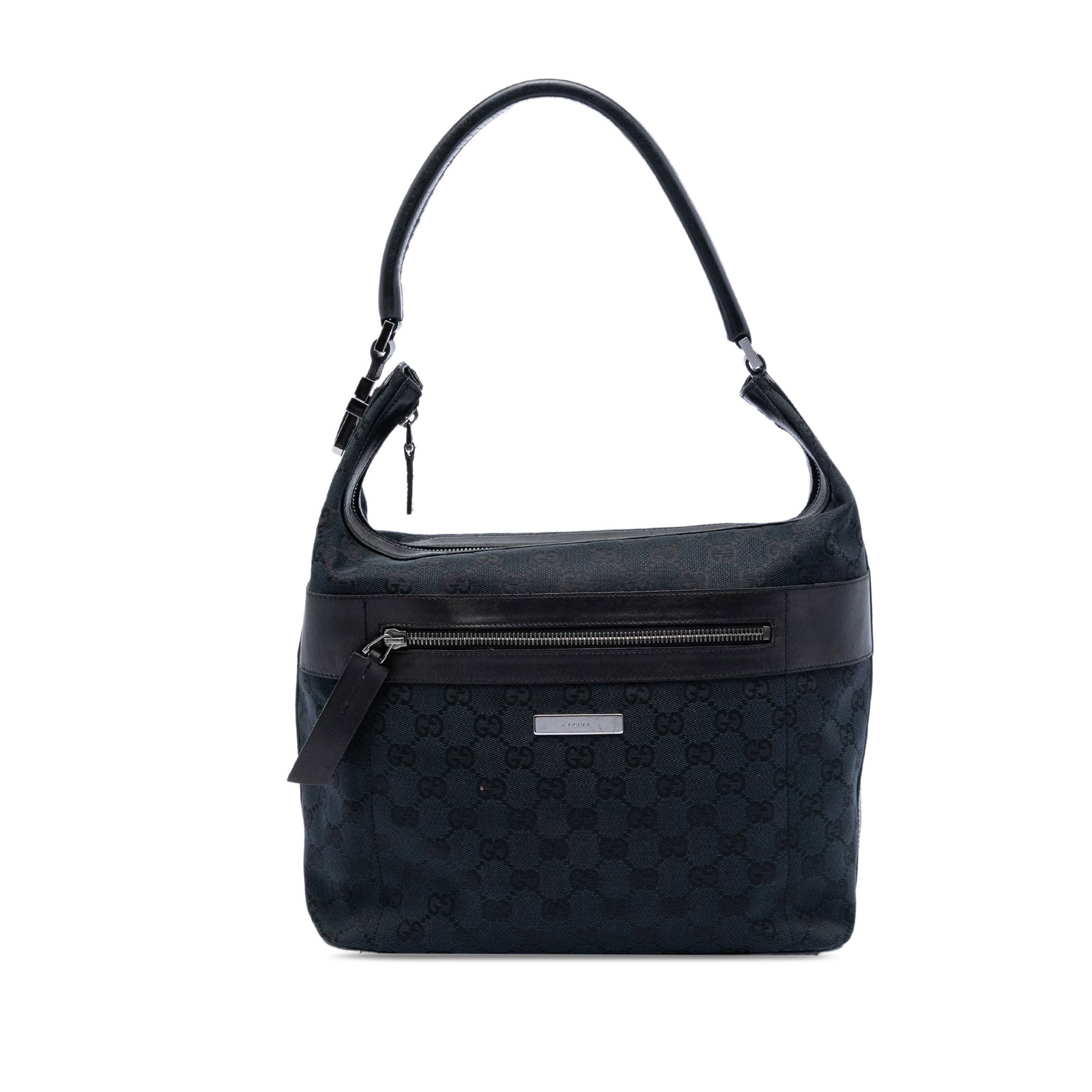 Gucci GG Canvas Black Shoulder Bag with Leather Trim: Gucci GG Canvas Black Shoulder Bag with Leather Trim This Gucci GG Canvas Shoulder Bag features a canvas body with leather trim, a flat shoulder strap, a top zip closure, an exterior front zip pocket,