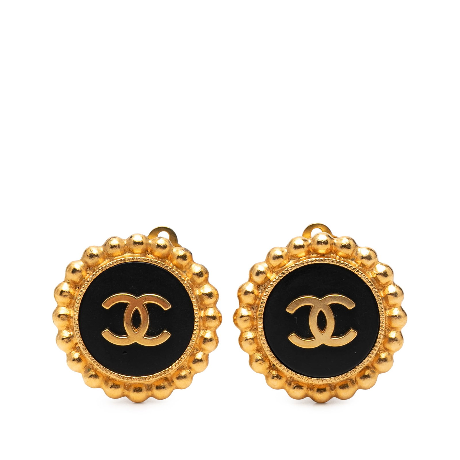 Chanel Enamel and Gold Plated CC Logo Clip On Earrings: Chanel Enamel and Gold Plated CC Logo Clip On Earrings These Chanel earrings feature gold-plated metal with enamel detailing and secure back clip-on closures. Designed in a button style, they showcase