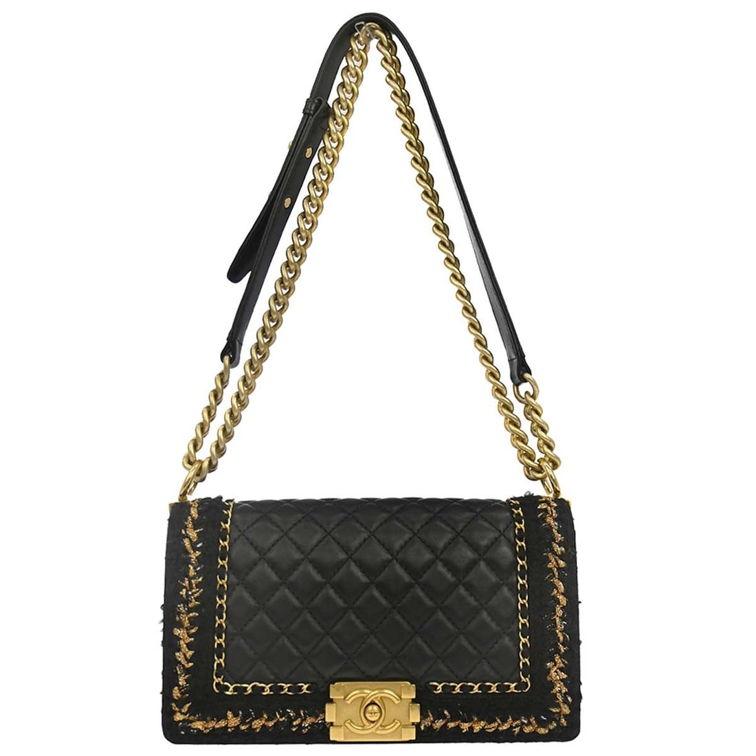 CHANEL Boy Medium Shoulder Bag Black Lambskin Tweed Silver Tone: CHANEL Boy Medium Shoulder Bag Black Lambskin Tweed Silver Tone This Chanel Boy medium shoulder bag is crafted from black lambskin and tweed with silver-tone hardware. It features a square shape, push
