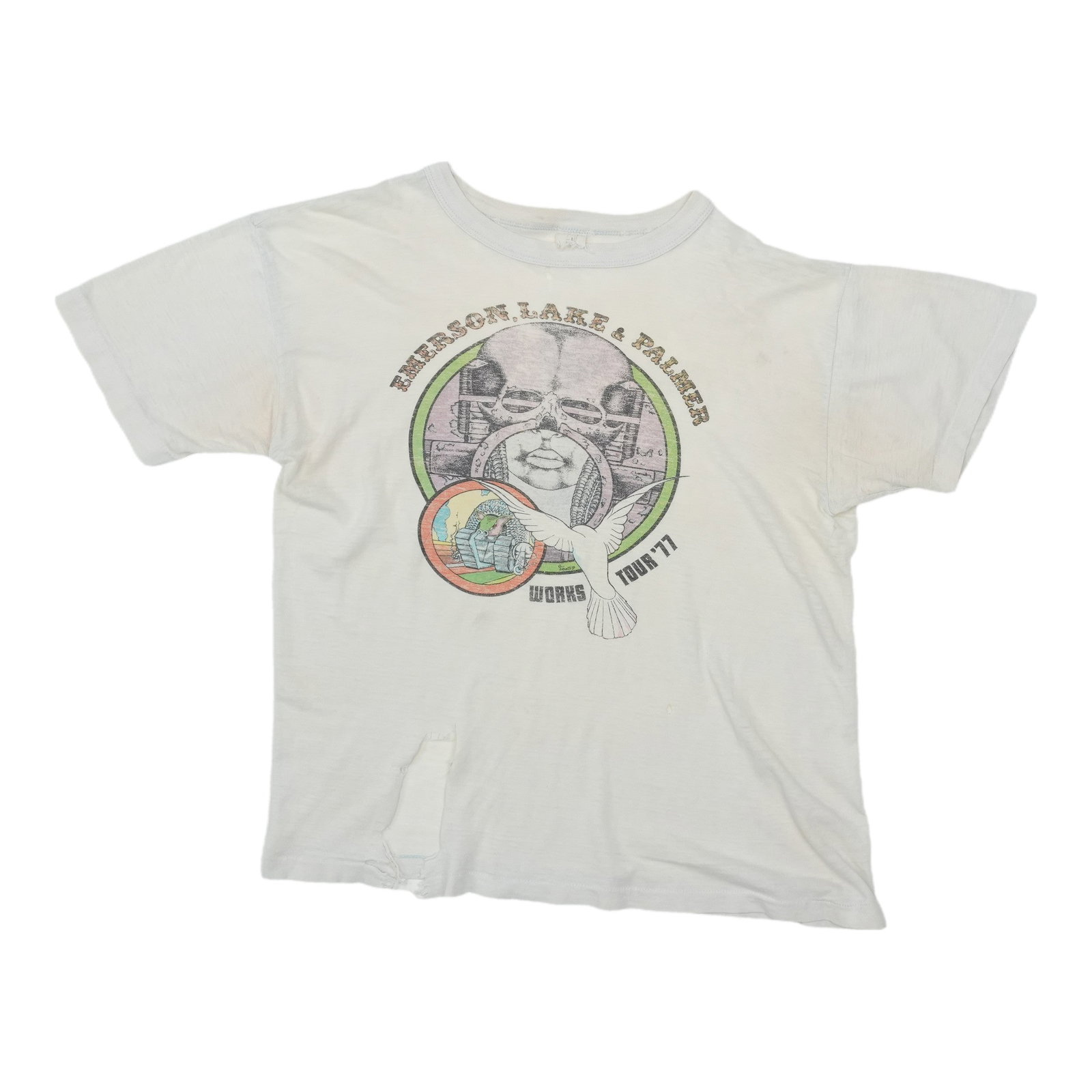 Cream 1977 Emerson Lake and Palmer Works Tour Shirt: Cream 1977 Emerson Lake and Palmer Works Tour Shirt Authentic vintage 1977 Emerson Lake & Palmer Works Tour shirt from the 1970s. This original single-stitch shirt is a true vintage piece, not a moder