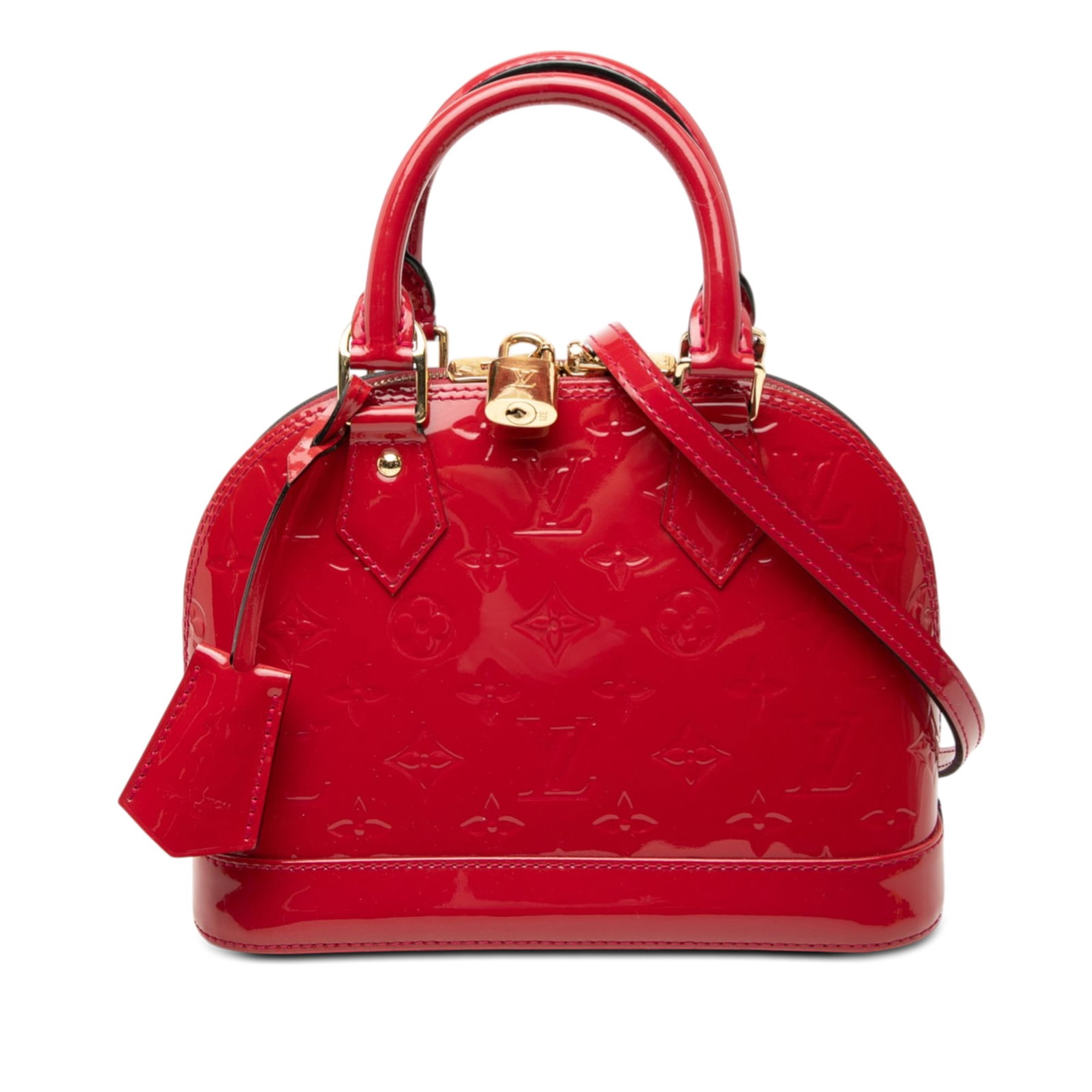 Louis Vuitton Alma BB red Vernis leather handbag: Louis Vuitton Alma BB red Vernis leather handbag This Louis Vuitton Monogram Vernis Alma BB is crafted from vernis leather in a striking red hue. It features rolled leather handles, a detachable flat 