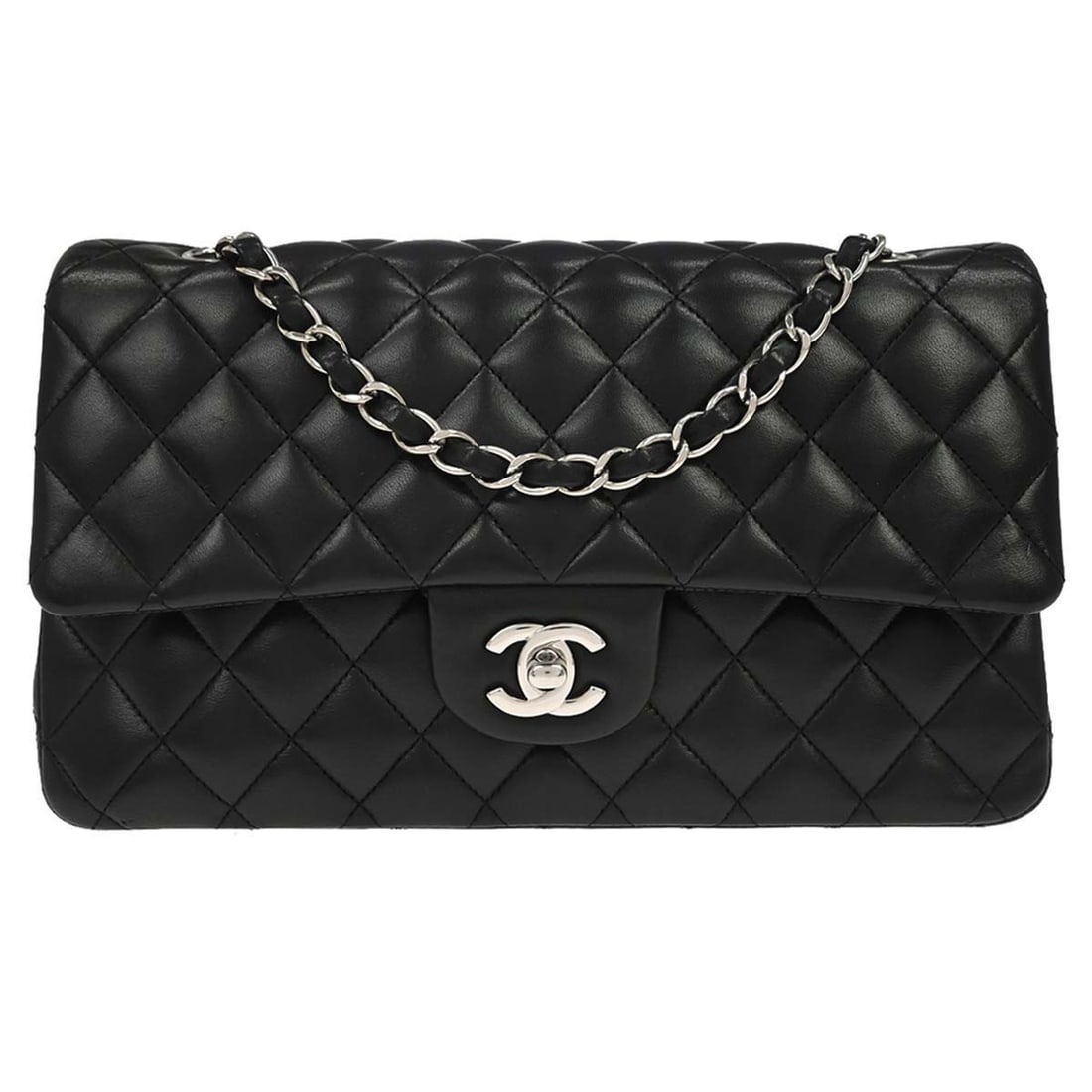 Medium Shoulder Bag CHANEL Classic Double Flap Black Lambskin: Medium Shoulder Bag CHANEL Classic Double Flap Black Lambskin Chanel Medium Classic Double Flap Shoulder Bag in black lambskin leather, made in France. It features a turn lock closure, shoulder strap 