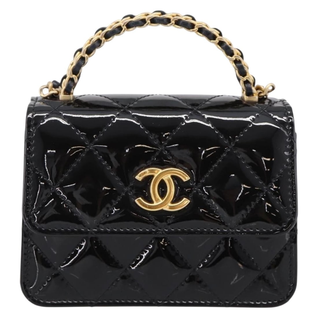 Chanel Woven CC Flap Clutch on Chain Patent Leather Black: Chanel Woven CC Flap Clutch on Chain Patent Leather Black A Chanel Woven Top Handle CC Flap Clutch on Chain in black patent leather. This piece features a structured flap silhouette with top handle an